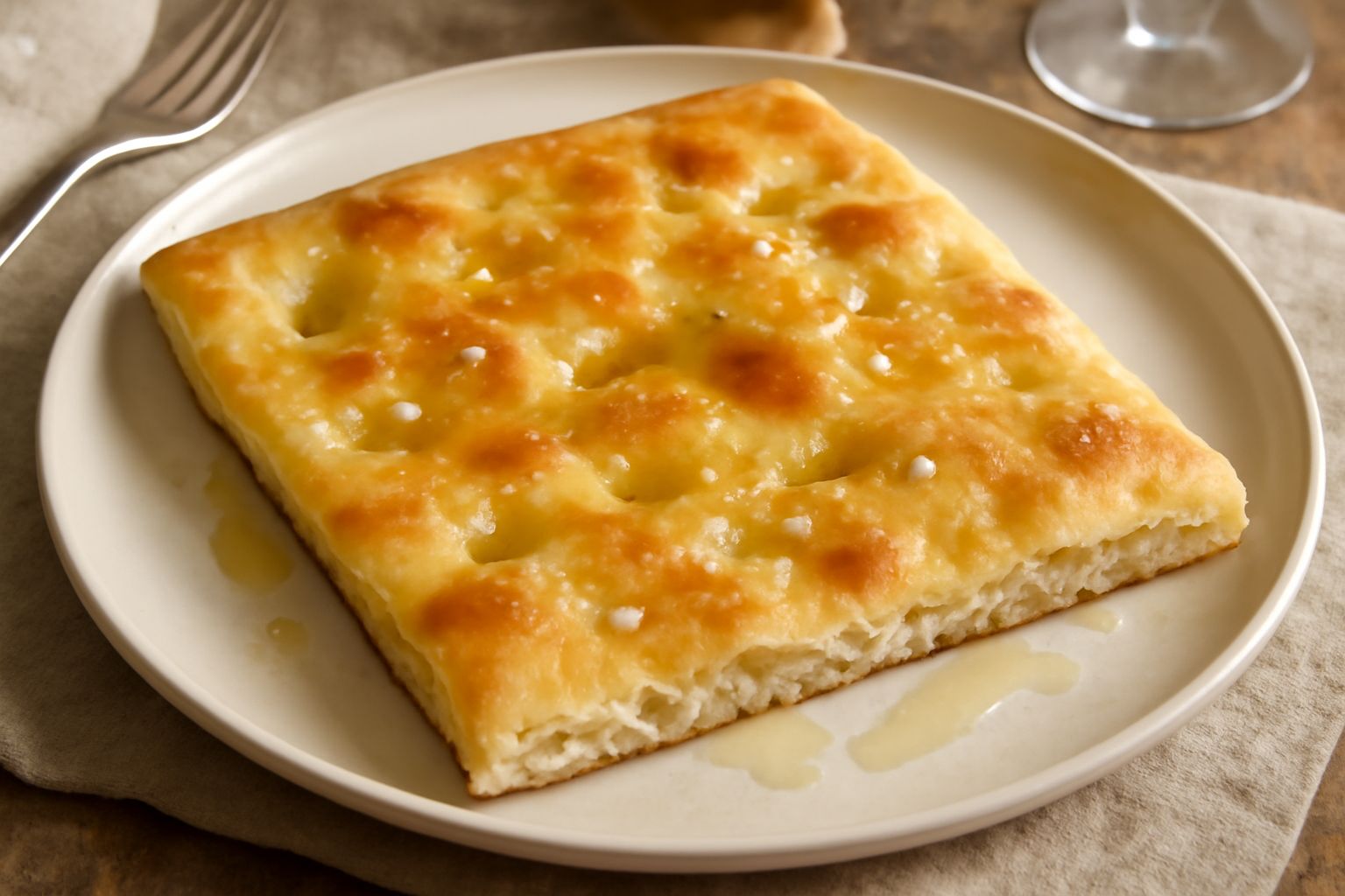 Focaccia triestina su tavolo di legno, sottile e dorata, cosparsa di sale grosso e goccioline d'olio brillante, intera e spezzata