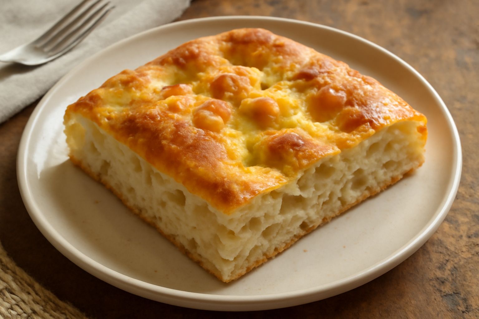 Focaccia valdostana dorata su tavolo di legno, divisa in fette, con strisce visibili di lardo bianco e formaggio filante, bordi leggermente caramellati