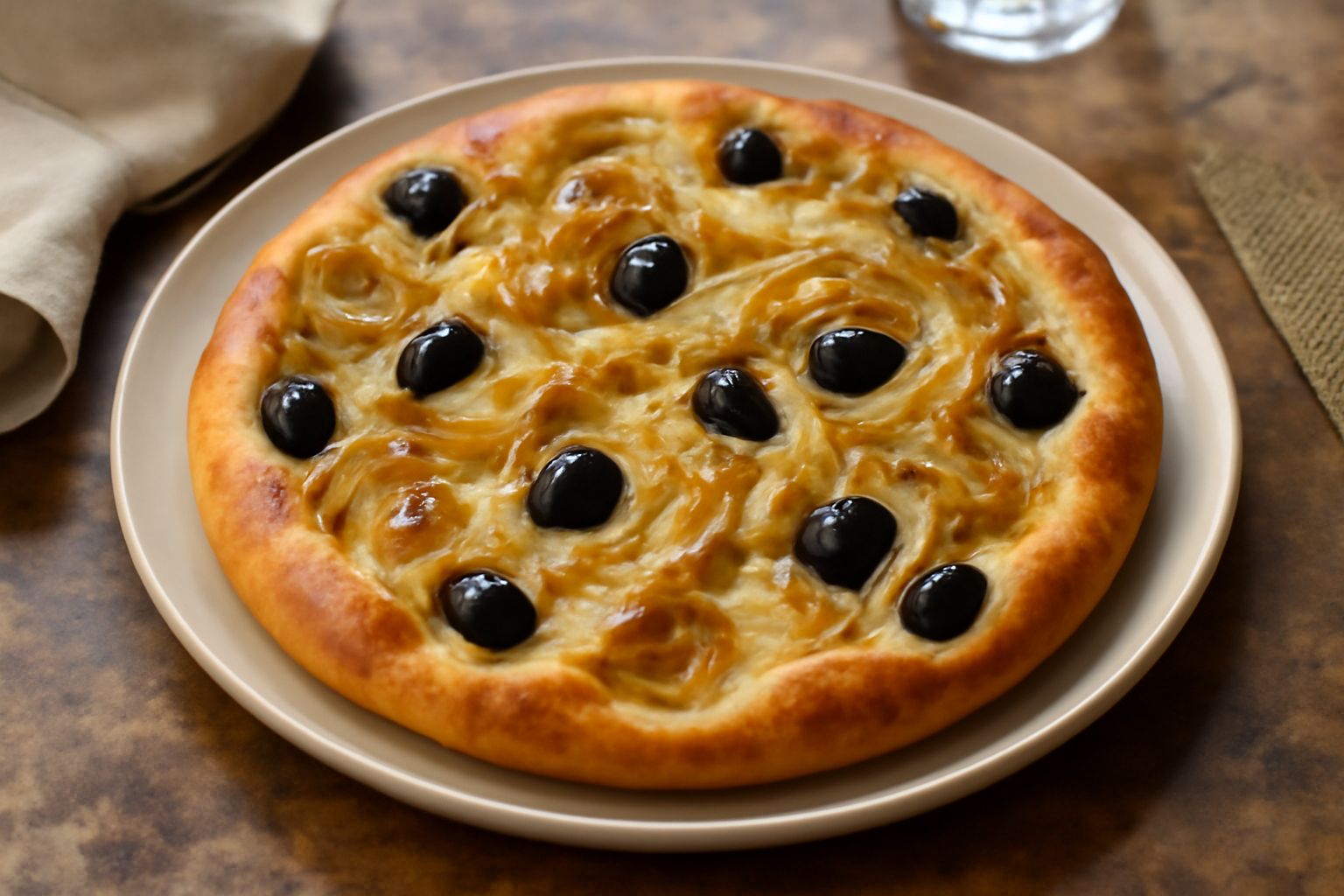 Focaccia vibonese appena sfornata su una tavola di legno, con superficie dorata e screpolata, cipolla caramellata visibile in superficie, olive nere sparse, filo d'olio d'oliva lucido, sfondo di campo