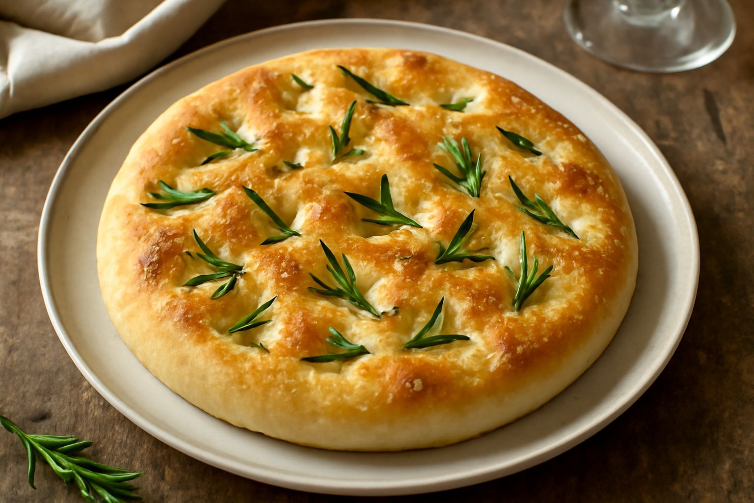 Focaccia viterbese appena sfornata, superficie dorata e leggermente ondulata, cosparsa di sale grosso e rametti di rosmarino fresco, olio d'oliva che brilla, impiattata su un vassoio di legno con una 