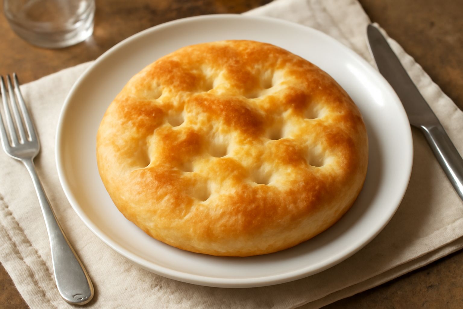 Focaccina appena sfornata, color oro pallido, con increspature in superficie e granuli di sale marino grosso visibili, olio extravergine ancora brillante. Servita su carta da forno, ancora fumante.