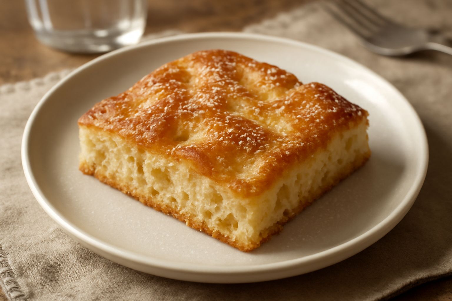 Focaccina dolce in primo piano, dorata e croccante, cosparsa di granelli di zucchero grosso bianco e pinoli, tagliata a metà su piatto di ceramica bianca
