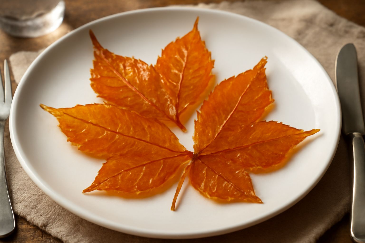 Foglie di stevia candite, sottili e trasparenti con riflessi ambrati, disposte su carta forno bianca accanto a una tazza di tè verde fumante