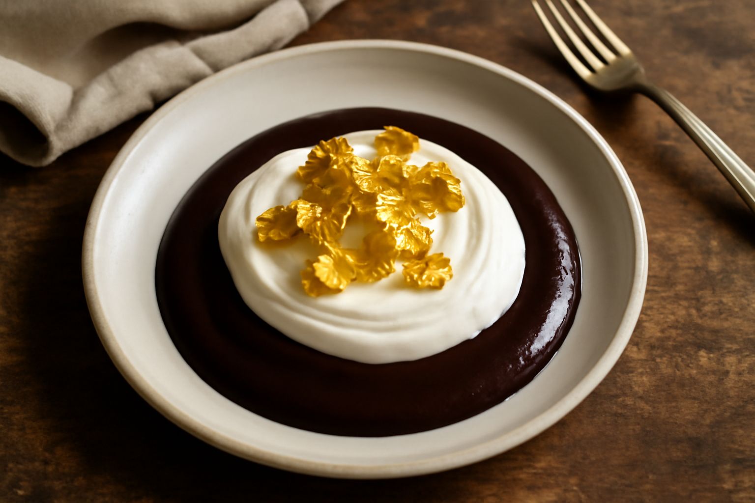 Dolce al cioccolato con superficie marrone scuro decorata con frammenti sottilissimi di foglia d'oro lucida, disposti a formare piccoli scintillii dorati su crema bianca di mascarpone