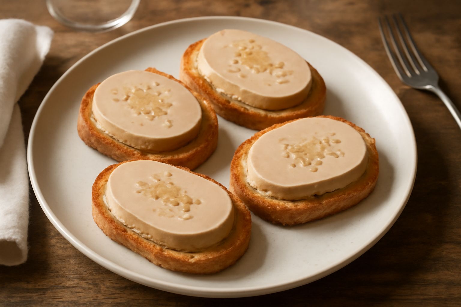 Crostini sottili di pane tostato con uno strato di foie gras color beige dorato, una piccola decorazione di gelatina d'oca trasparente e pizzico di sale fino, su piatto bianco liscia