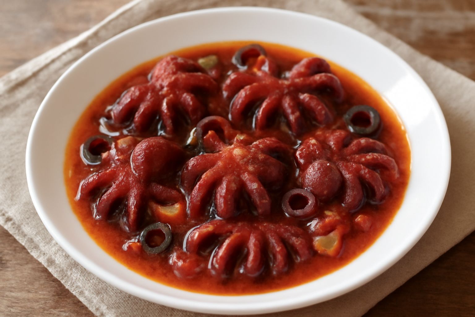Folpetti cotti in umido su piatto bianco, ricoperti di salsa rossa densa con pomodori e erbe, accanto una fetta di pane tostato