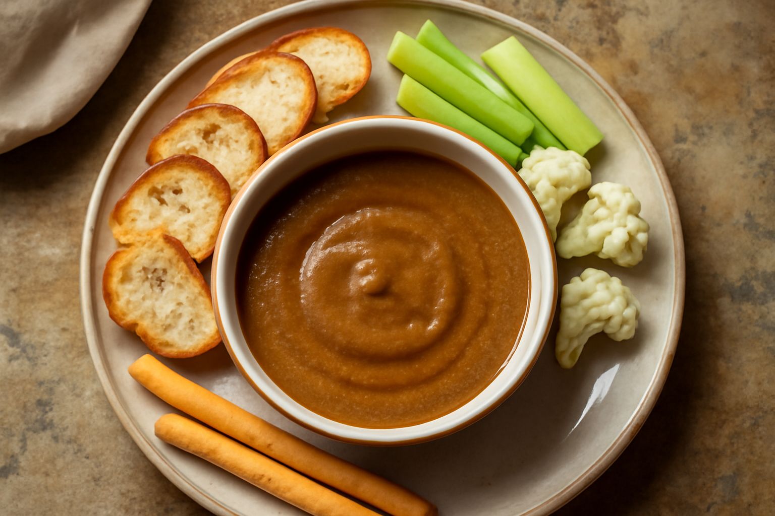Fonduta d'acciughe cremosa e marrone chiaro servita in una tazza di porcellana bianca, circondata da fette di pane tostato dorato e bastoncini di verdura fresca, vapore leggermente visibile sulla supe