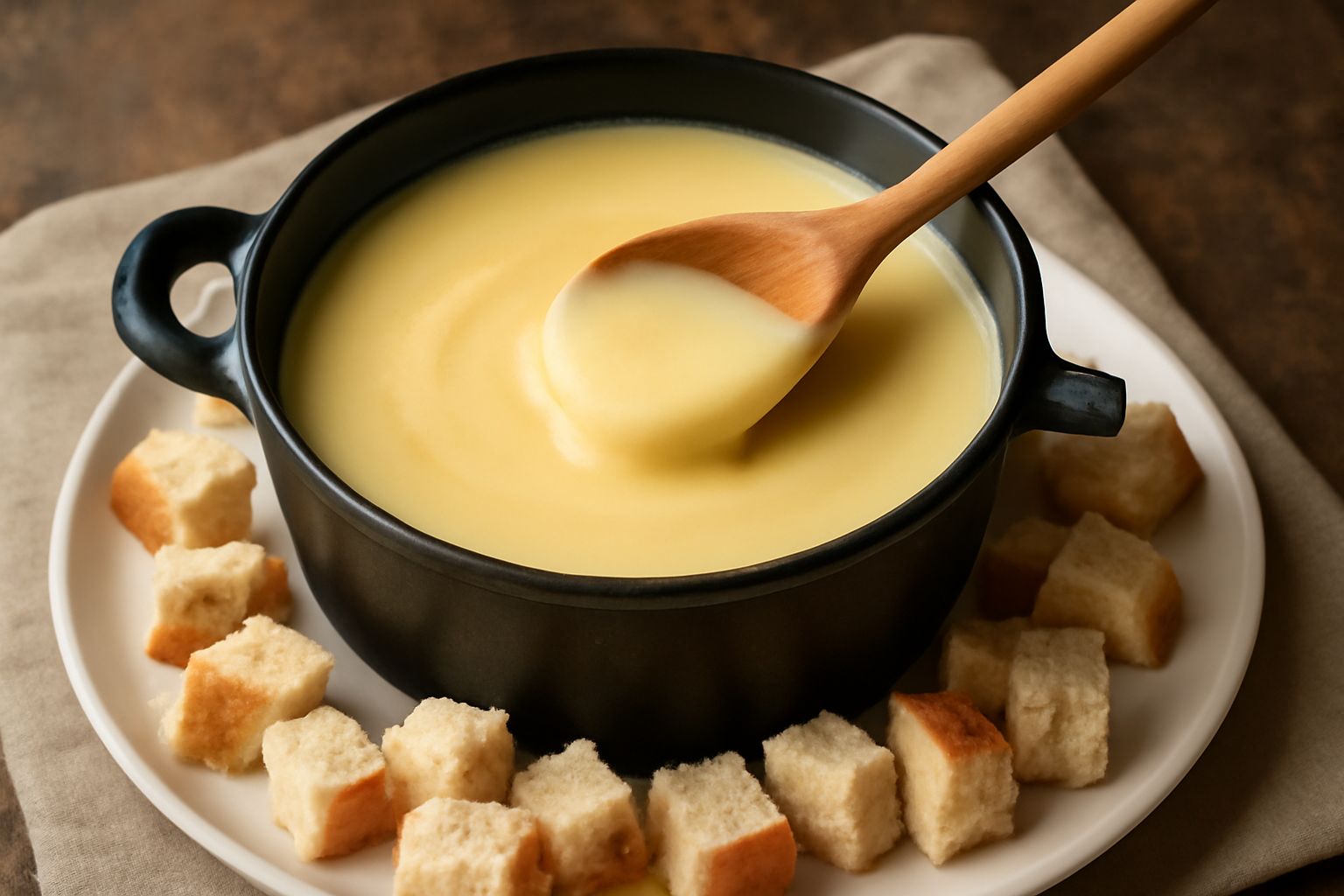 Fonduta piemontese cremosa in pentolino, colore giallo avorio, con cucchiaio di legno immerso nel formaggio filante, pezzetti di pane bianco sul piatto, fondo scuro