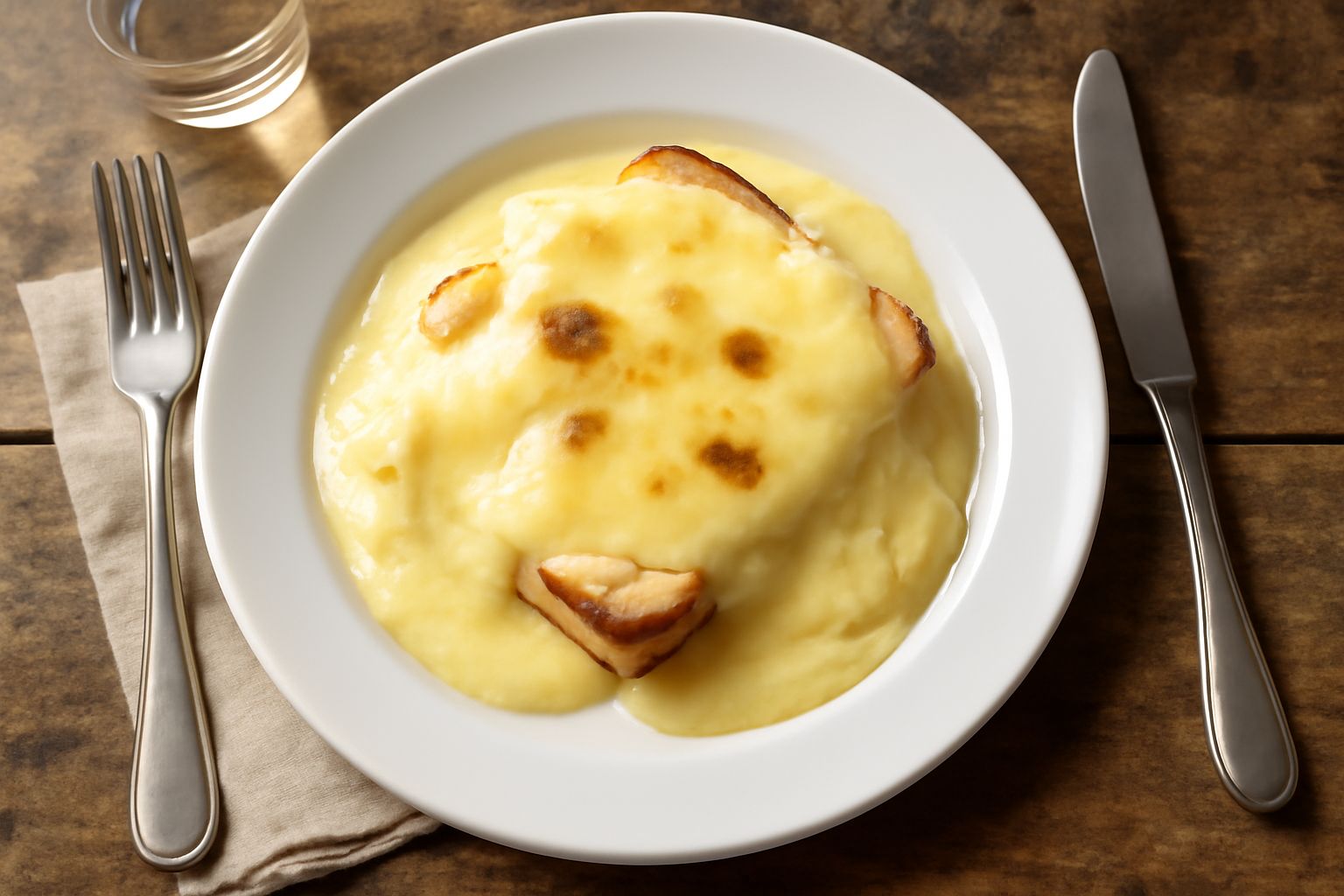 Fontina al forno in una piccola teglia di ceramica bianca, dorata in superficie, con patate tagliate a rondelle sotto, contorno di verdure grigliate, vapore che sale, presentata su tavolo rustico in l