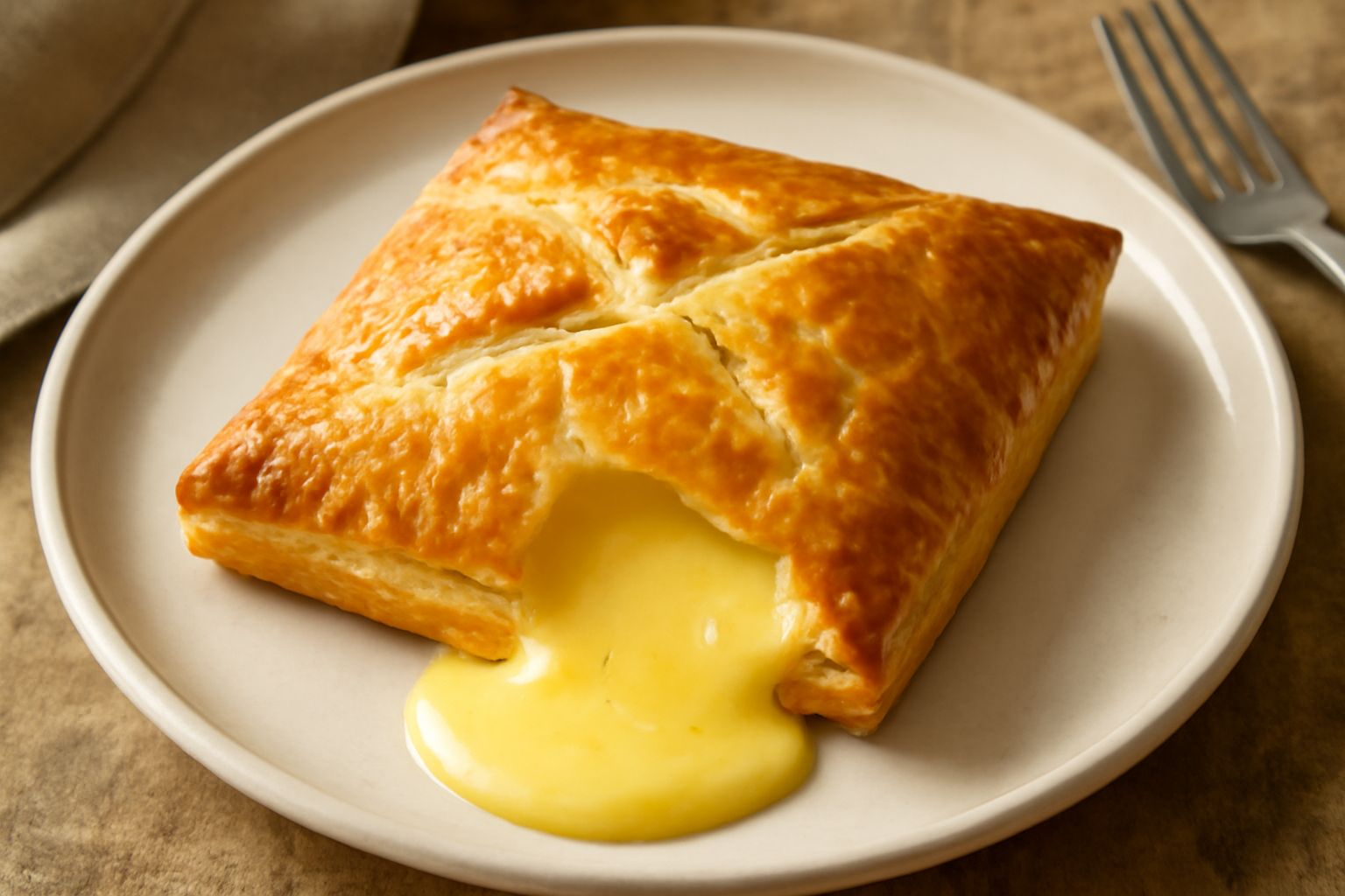 Fontina in crosta appena sfornata, con pasta sfoglia color oro, spaccata al centro per mostrare il formaggio filante e cremoso ancora caldo, servita su piatto bianco