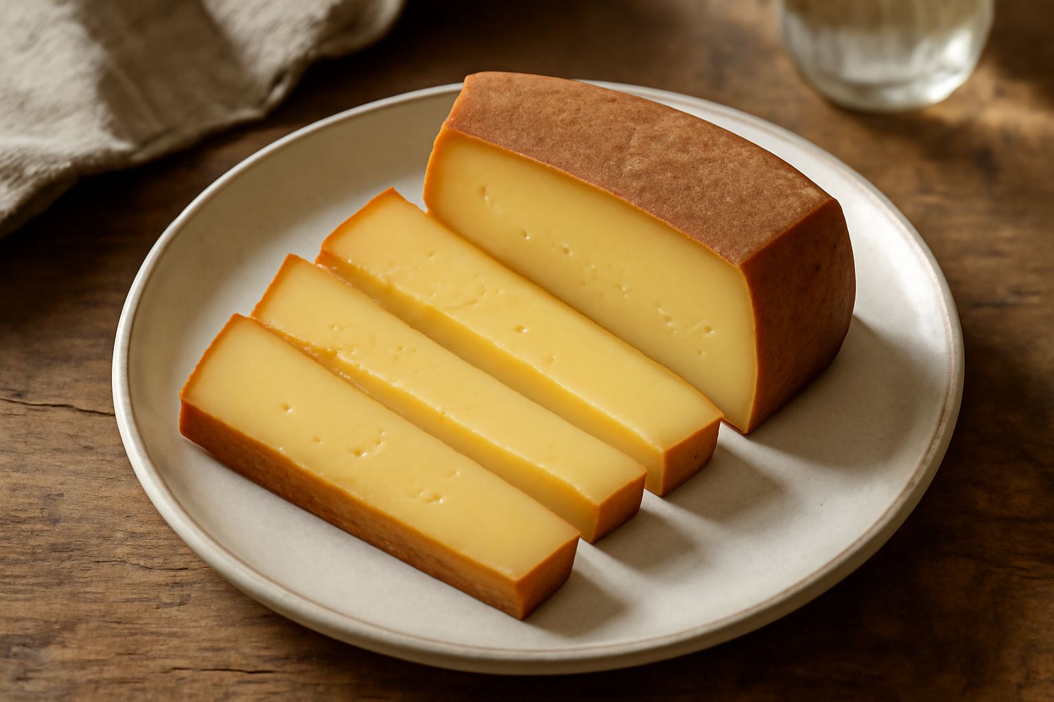 Fontina stagionata a fette su un piatto bianco con crosta dorata, accanto a noci sgusciate e miele chiaro in una ciotola, su tavolo di legno naturale