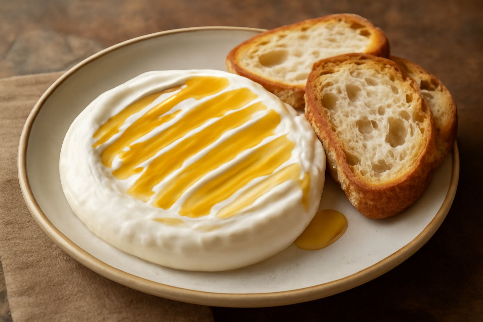 Una formagella bianca e cremosa in un piatto di ceramica bianca, con filo dorato di miele che scorre sulla superficie, accompagnata da pane tostato e una piccola ciotola di miele scuro sullo sfondo