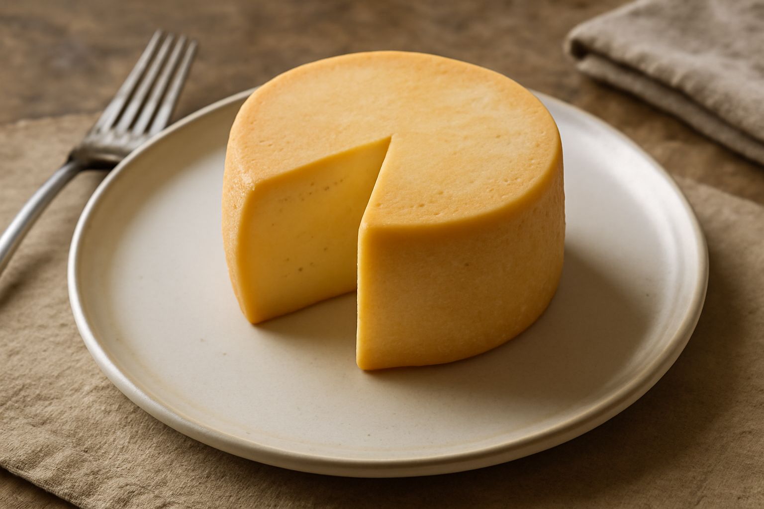 Formagella della Val di Sole: formaggio cilindrico a pasta cruda, colore giallo paglierino, spigoli netti, appoggiato su una tavola di legno scuro con un coltello per formaggi accanto