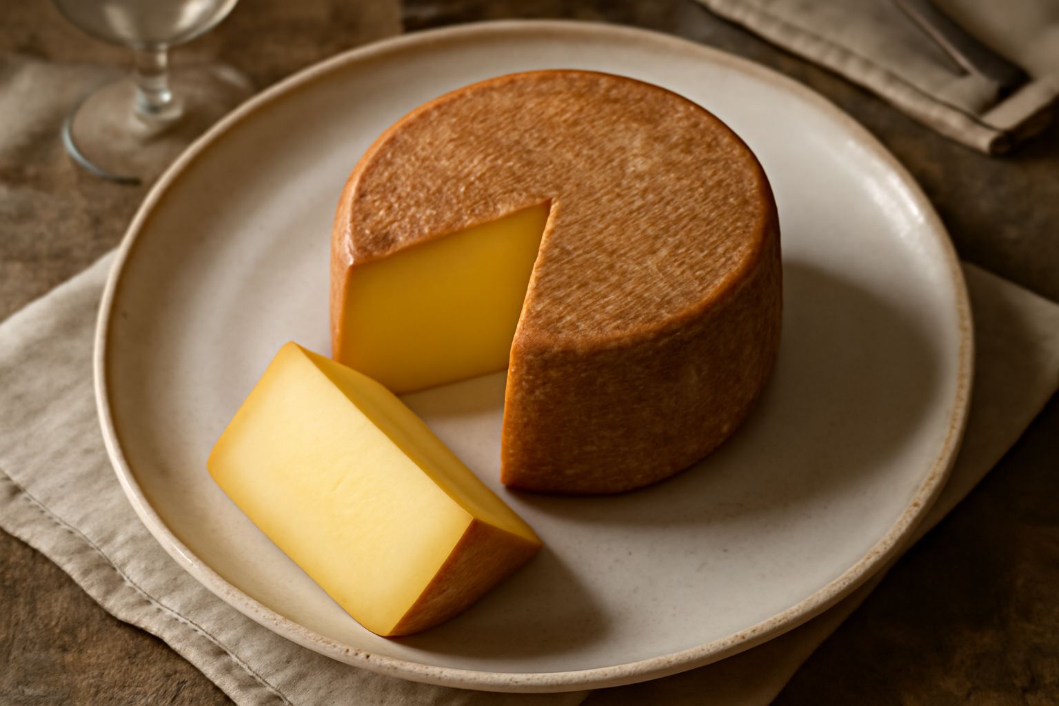 Formagella della Valle Brembana, formaggio a forma di cilindro con crosta naturale marrone chiaro, tagliata a spicchi mostrando la pasta color giallo paglia. Servita su un tagliere di legno accanto a 