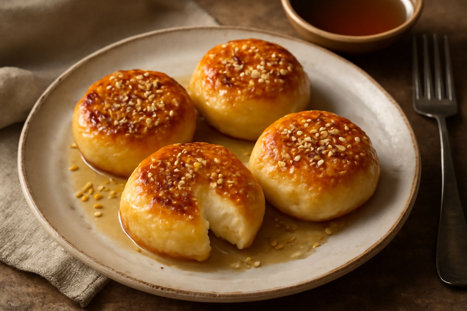 Formagelle dorate e croccanti disposte su un piatto bianco, con gocce di miele che le ricoprono leggermente e una spruzzata di sesamo; sfondo sfumato beige