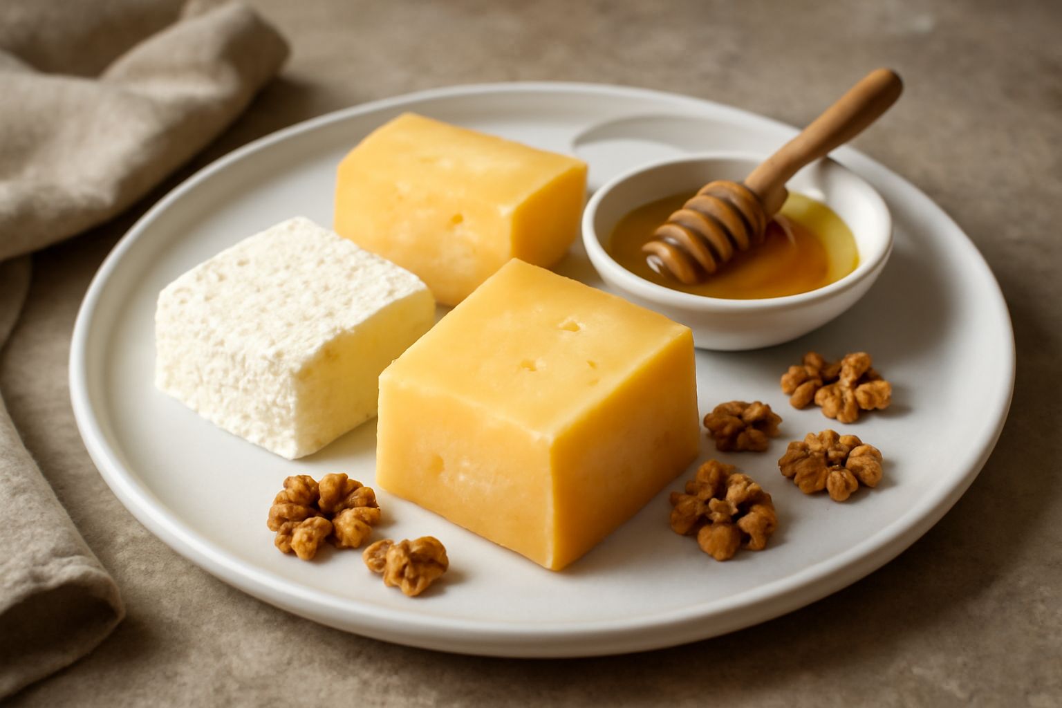 Tavola con fette di formaggio morbido, formaggio a stagionatura media, noci spezzettate, miele dorato versato in piccolo cucchiaio, fette di pane integrale tostato, su sfondo bianco con piccoli piatti
