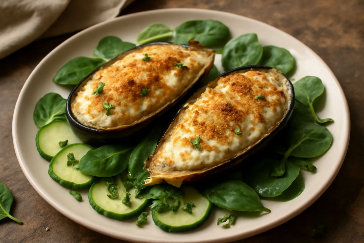 Due metà di melanzana nera ripiene di ricotta bianca, spinaci verdi e zucchine gialle, foderate di pangrattato dorato, su un piatto bianco con contorno di pomodorini rossi e basilico fresco