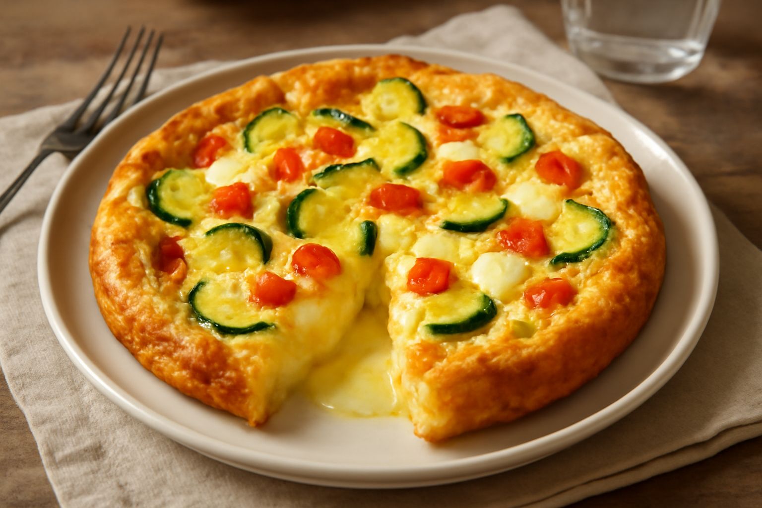 Frittata rotonda e gonfia color oro, con verdure verdi e rosse visibili sulla superficie, formaggio filante al centro, servita su piatto bianco con contorno di insalata fresca