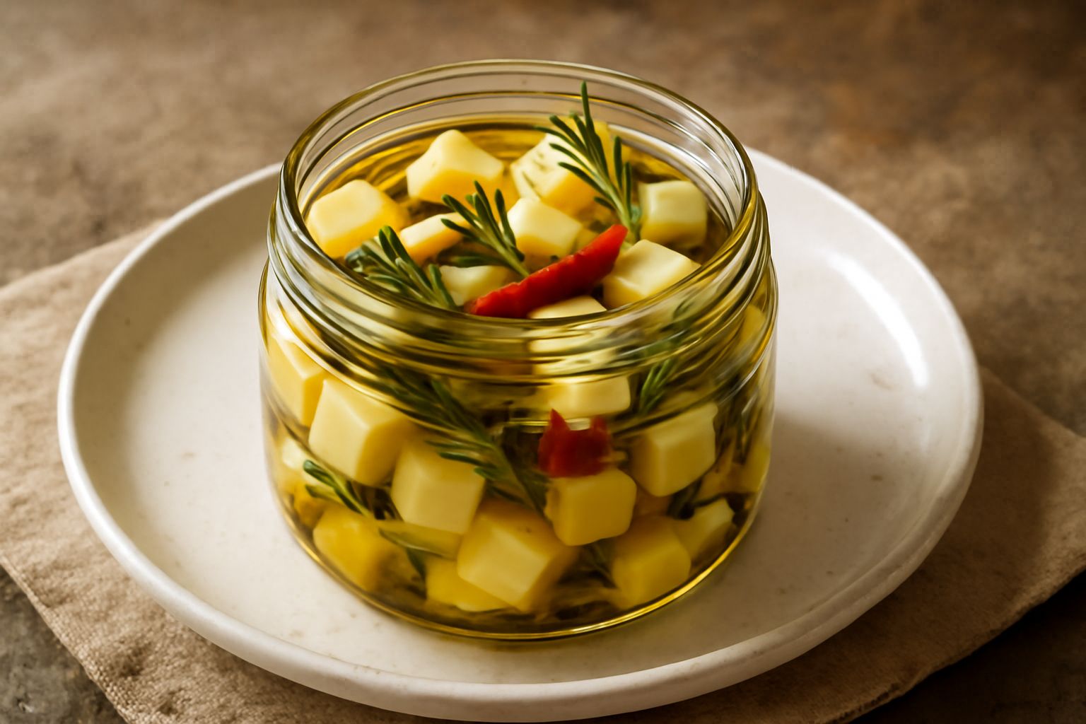 Vasetto di vetro con cubetti di formaggio giallo-bianco immersi in olio trasparente con rametti di rosmarino, aglio affettato e peperoncino rosso su fondo di legno scuro