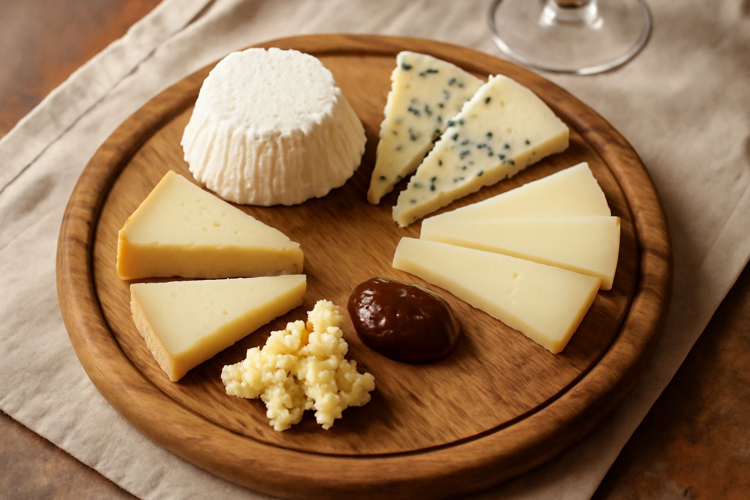 Tagliere di legno chiaro con cinque formaggi diversi: un pecorino giallo paglierino, un gorgonzola bianco e blu, un formaggio semiduro color avorio, una ricotta fresca bianca e un formaggio invecchiat