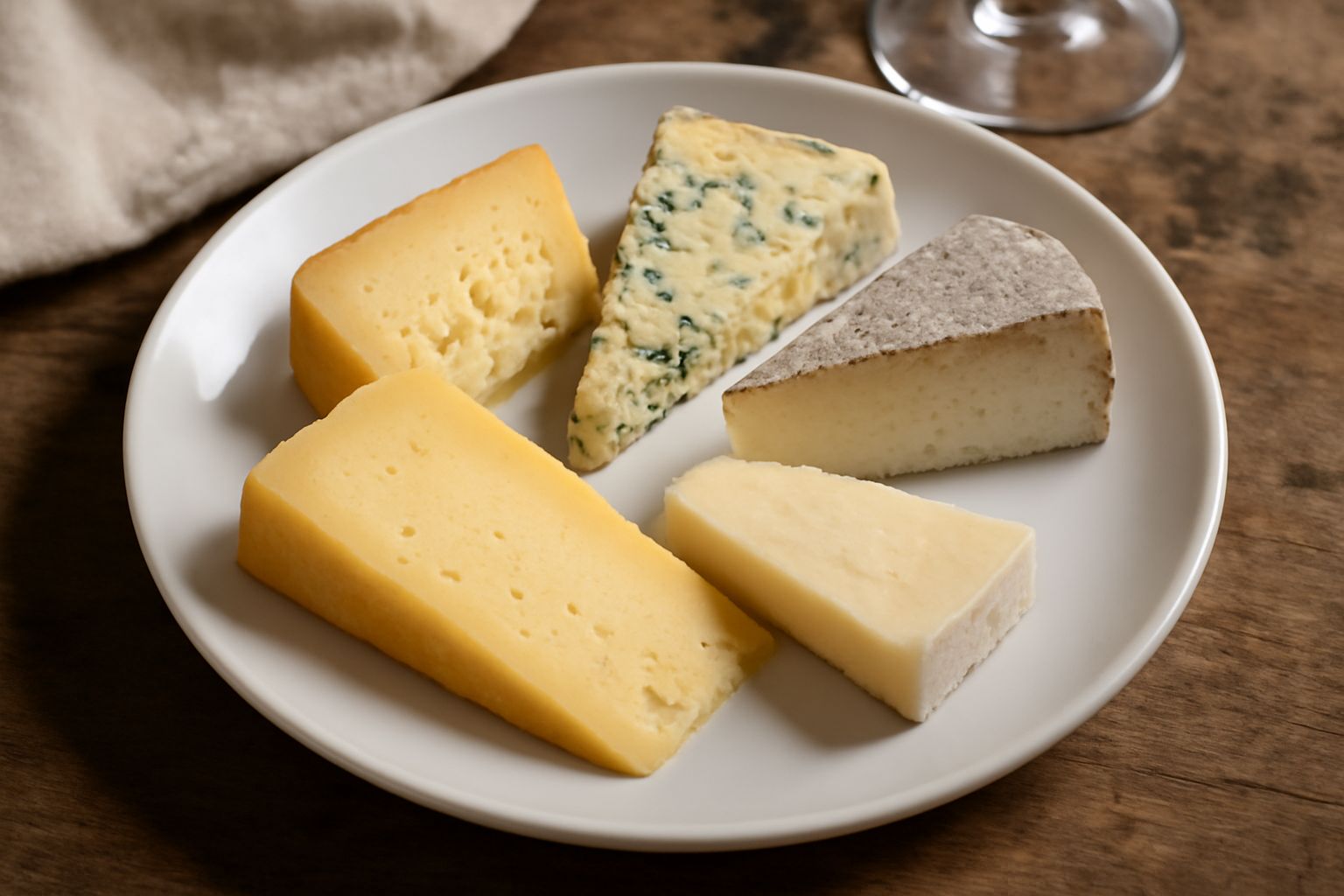 Tavola di formaggi piemontesi assortiti: fette di Toma giallo paglierino, cubetti di Castelmagno blu-verdicchio, fetta di Raschera bianca, su tavolo di legno scuro con noci sgusciate e pane casereccio