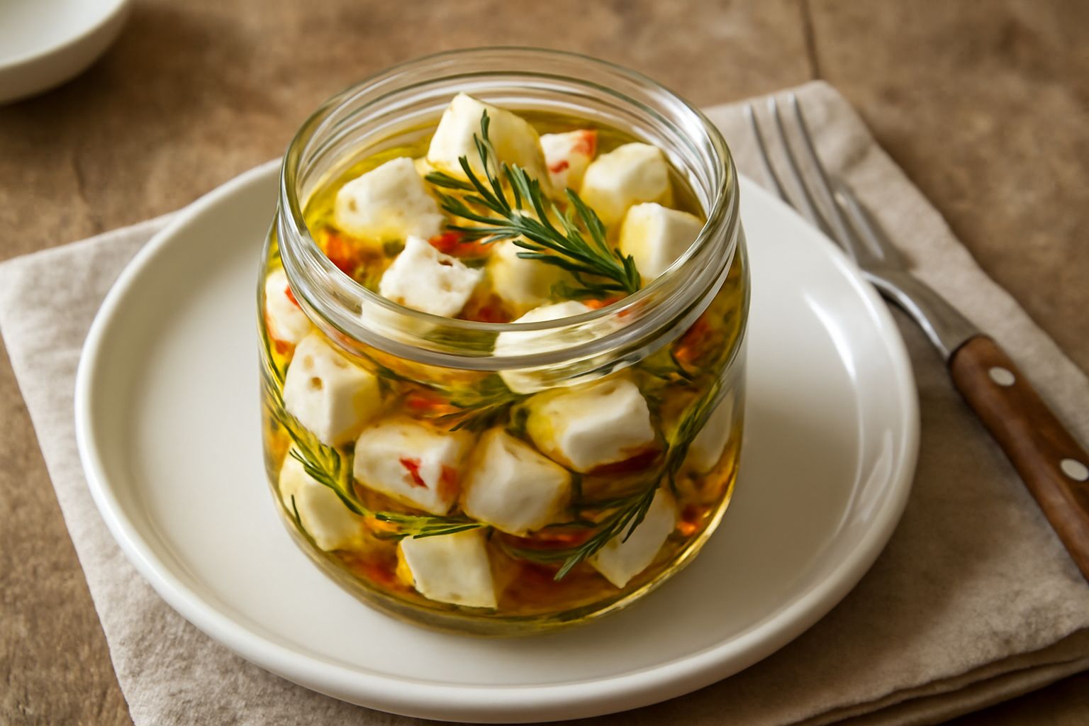 Vasetto di vetro trasparente con cubetti di formaggio bianco, immersi in olio dorato, peperoncino rosso, rametti verdi di rosmarino e aglio, con sfondo chiaro