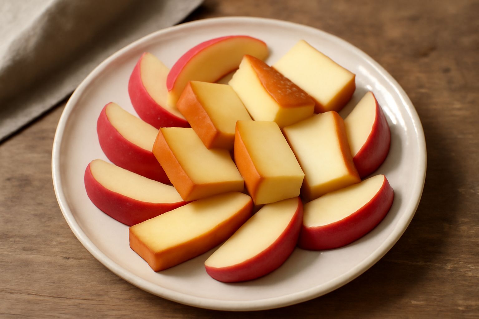 Piatto bianco con fette di formaggio affumicato color nocciola e spicchi di mela rossa disposti alternati, foglia di menta fresca tra gli spicchi, su tavolo in legno naturale con luce naturale