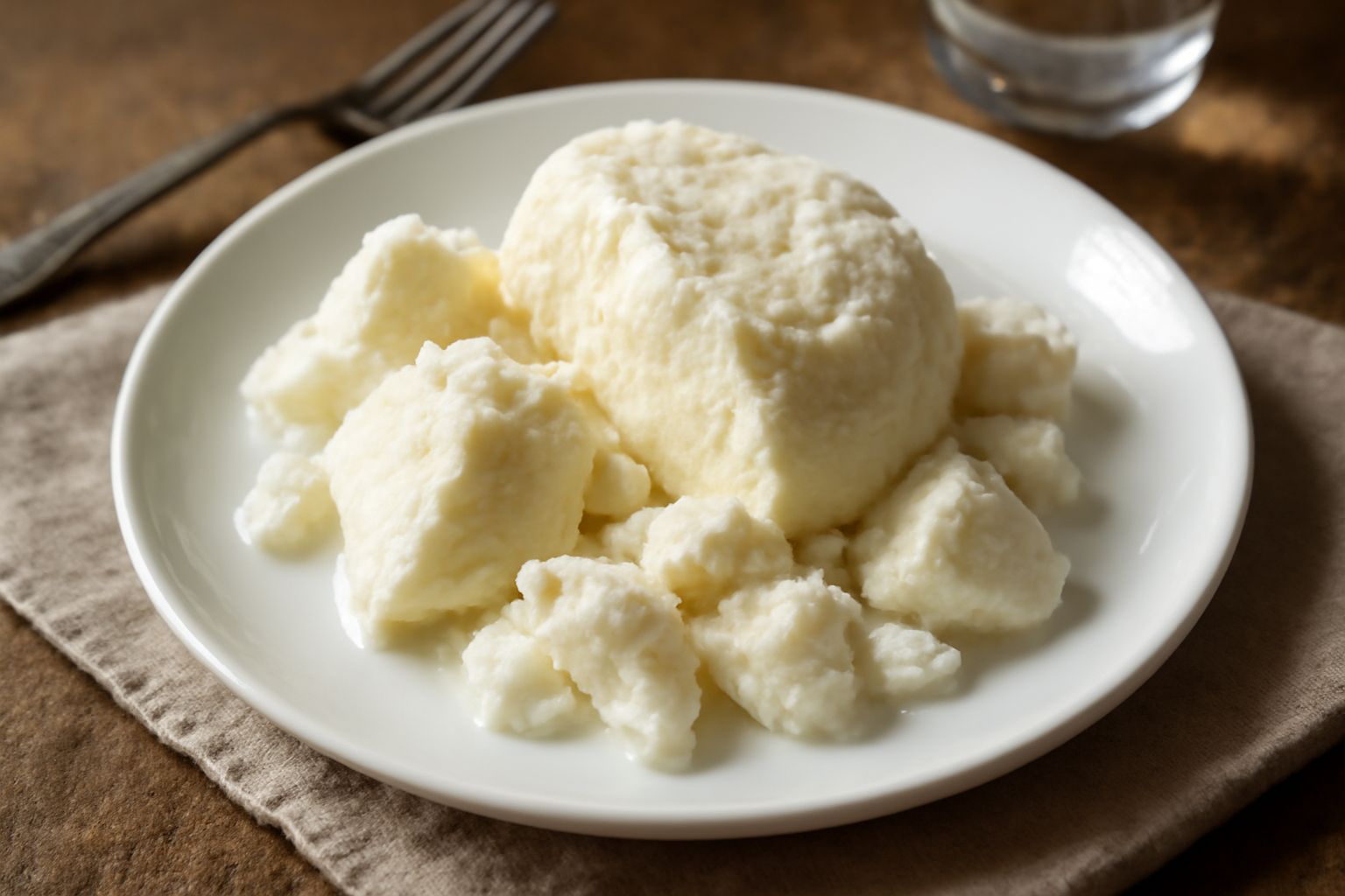 Formaggio casera di colore bianco crema servito in una ciotola di ceramica bianca, tagliato a pezzi irregolari, con erbe aromatiche fresche sopra, sfondo scuro e neutro