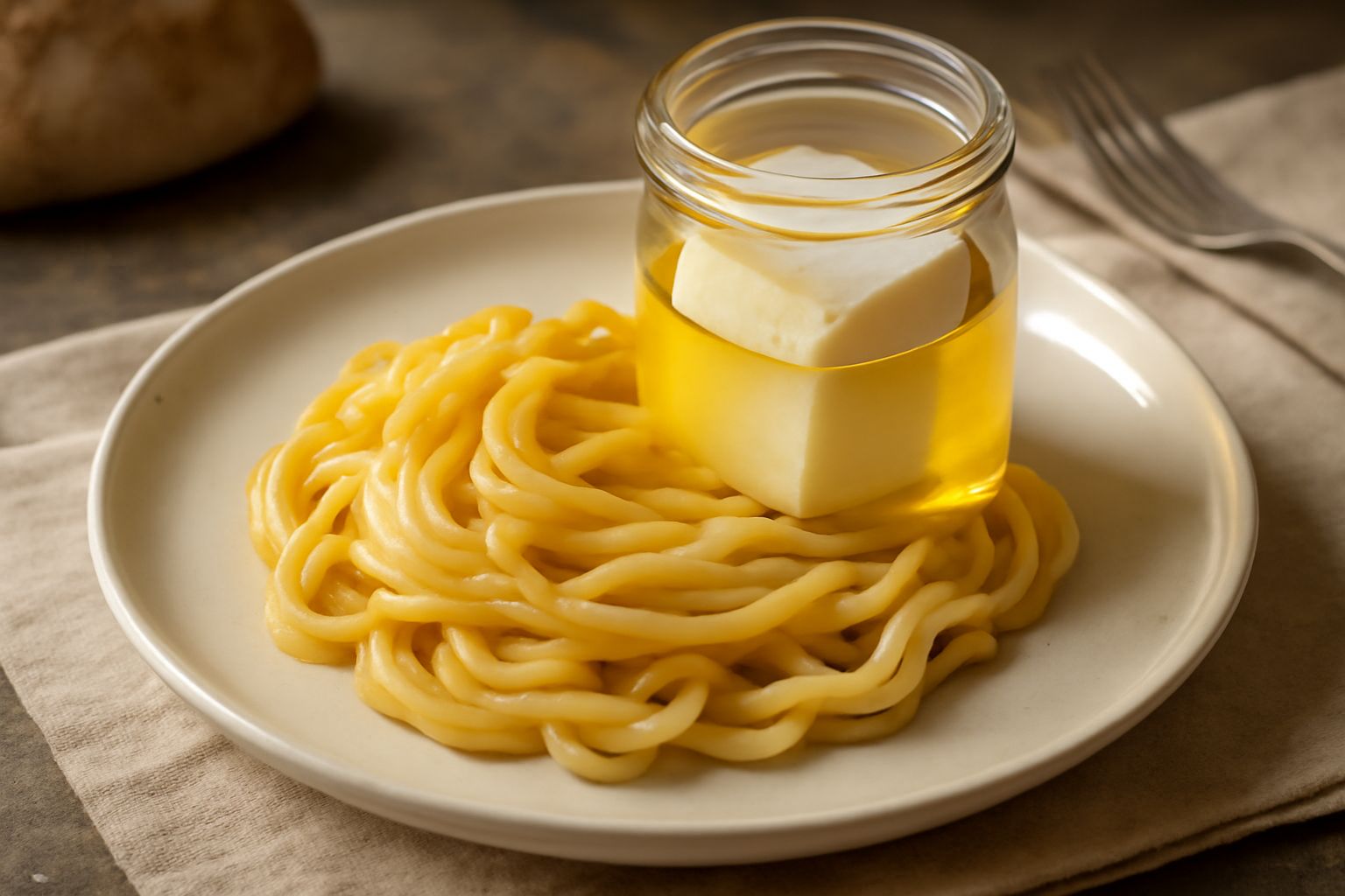 Vasetto di vetro trasparente con formaggio bianco cremoso immerso in olio dorato, erbe aromatiche sparse sopra, sfondo neutro