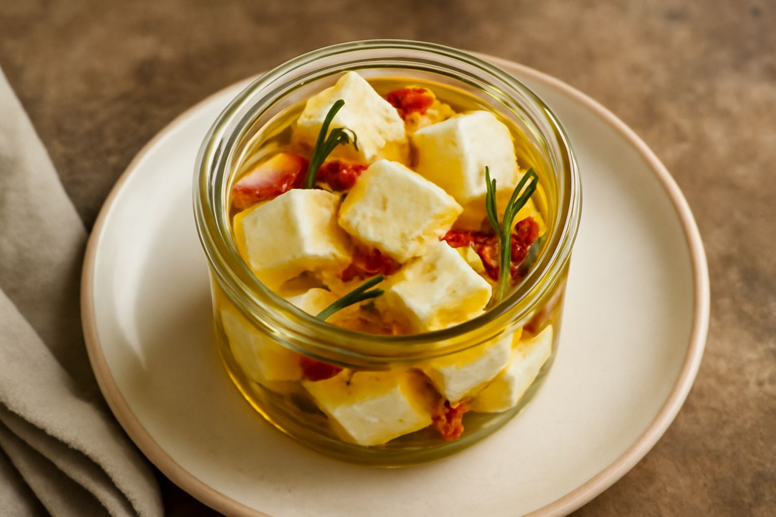 Vasetto di vetro con formaggio bianco immerso in olio dorato, con visibili fettine di aglio rosso, peperoncino e rametti di rosmarino verde fresco, su sfondo di legno chiaro