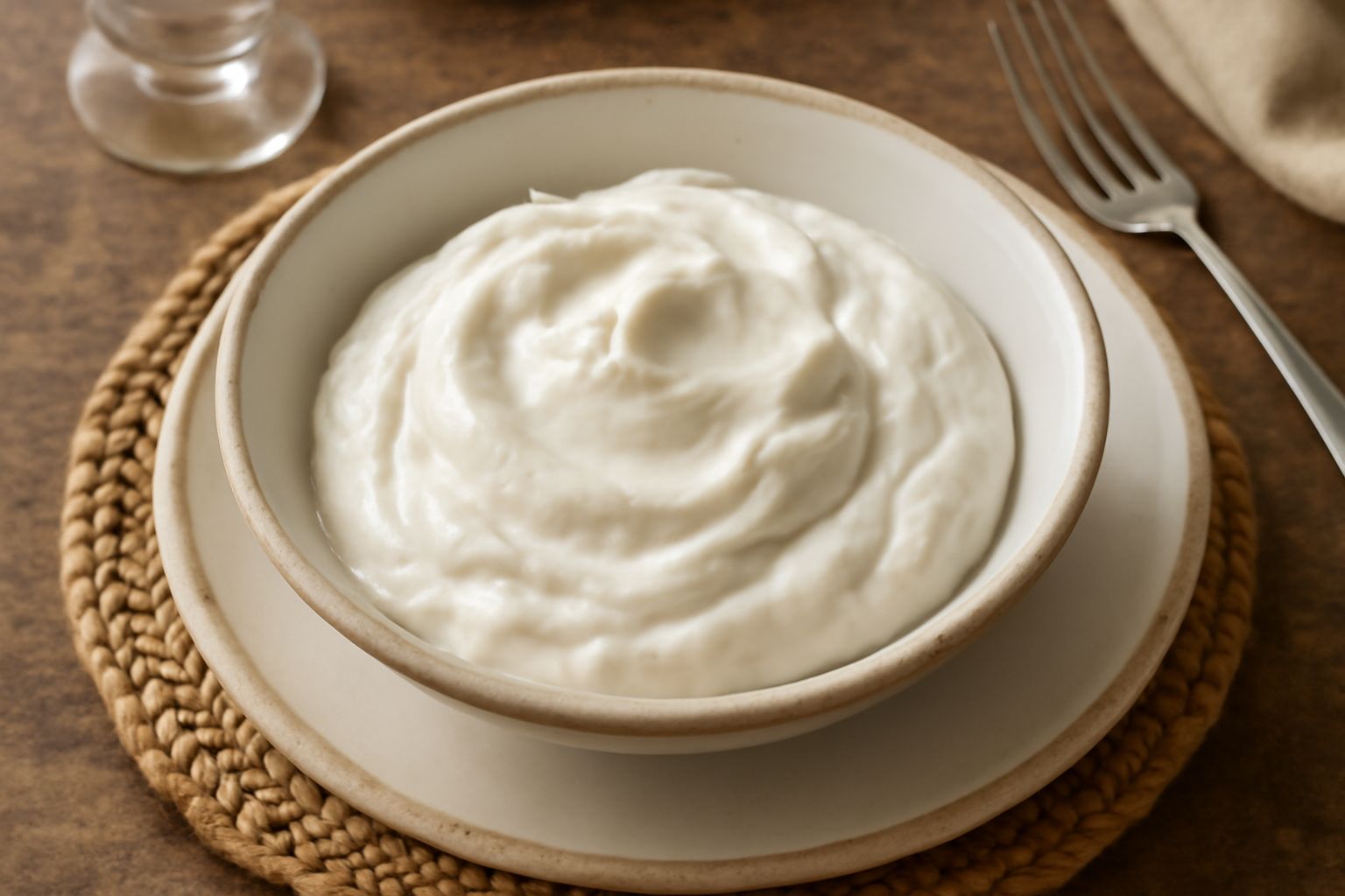 Formaggio di capra fresco bianco cremoso in una ciotola di ceramica, guarnito con erbe aromatiche fresche verdi, accanto a pane tostato e miele liquido ambrato