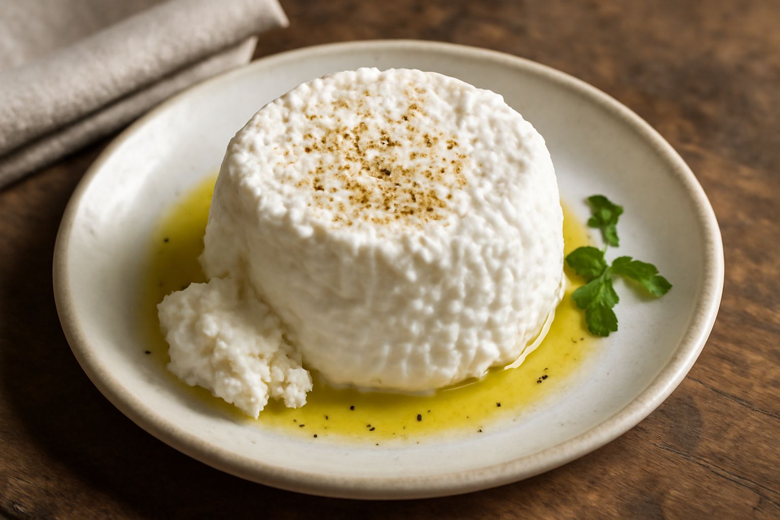 Formaggio di capra fresco bianco cremoso in una ciotola di vetro accanto a un bicchiere di latte di capra e una manciata di sale grosso
