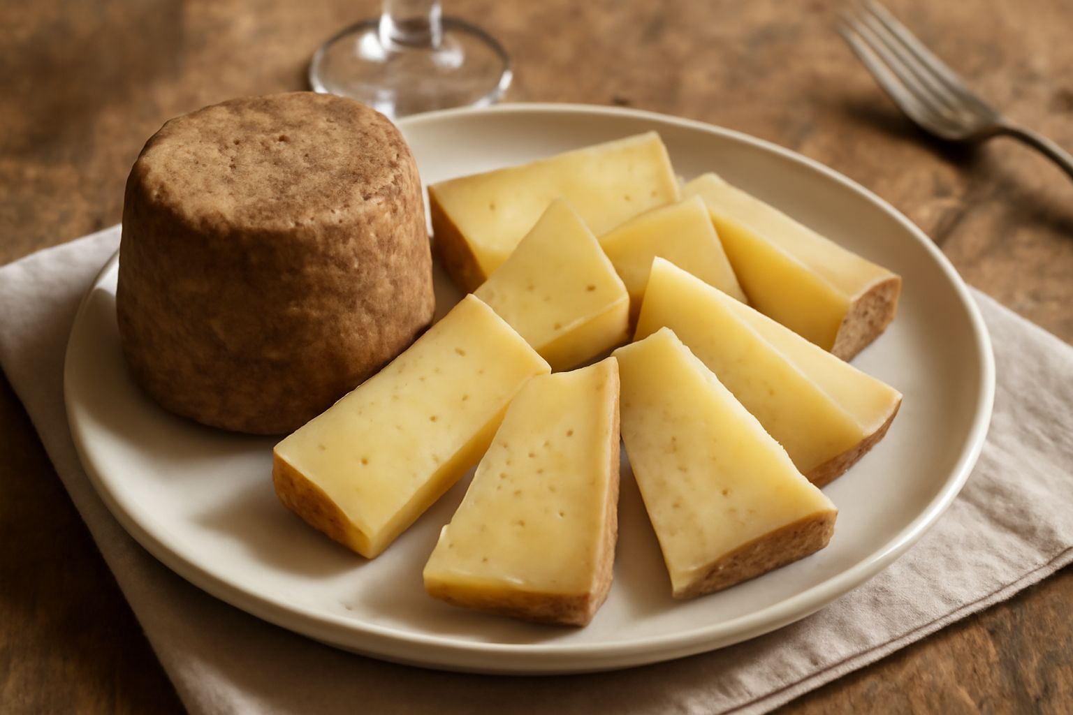 Formaggio di fossa a forma cilindrica con crosta marrone rugosa, affettato in fette di circa un centimetro, disposte su un vassoio di legno con miele e pane tostato attorno