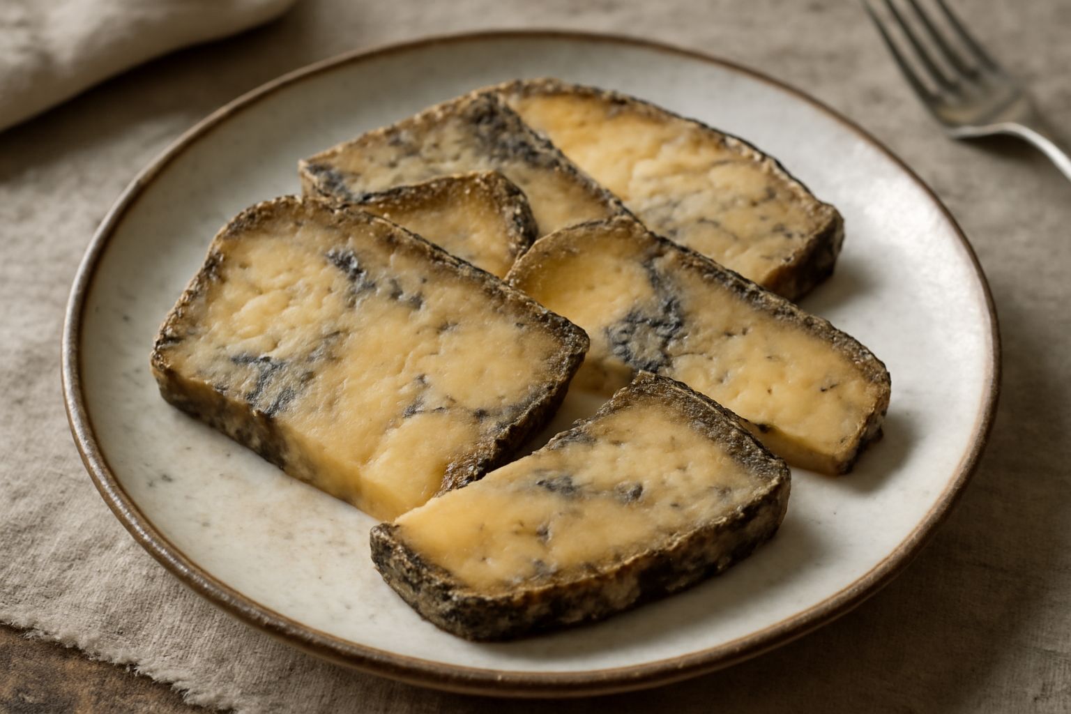 Formaggio di fossa tagliato a fette su un tagliere di legno, colore giallo paglierino con screziature scure, accompagnato da miele e noci, su fondo rustico naturale