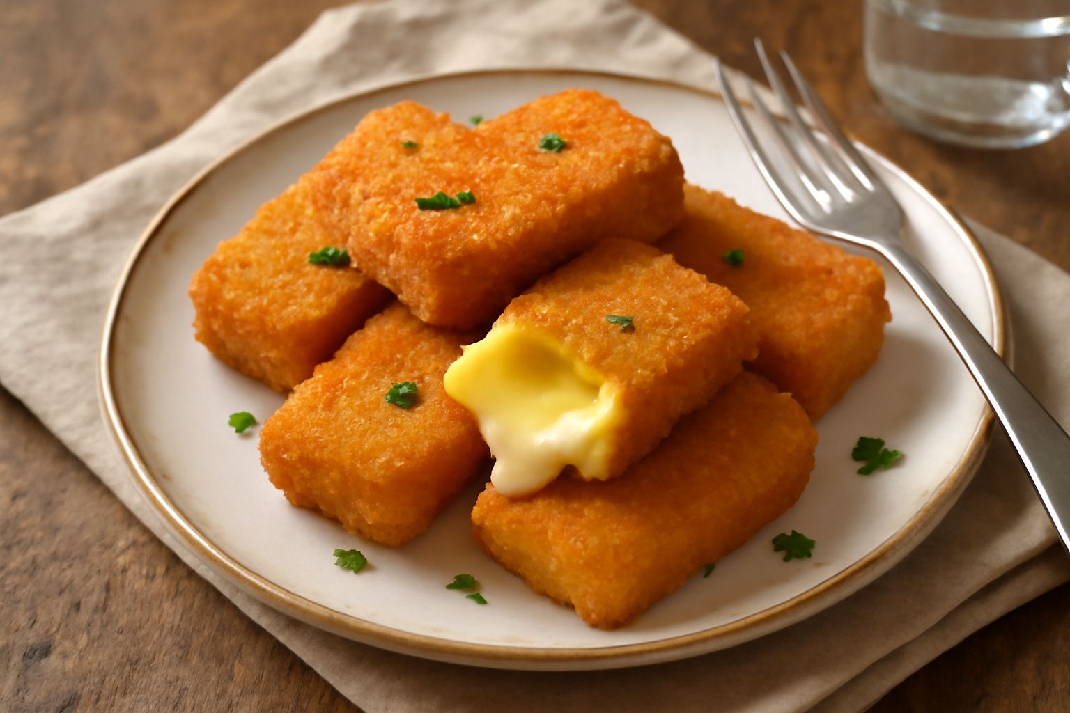 Tre porzioni di formaggio di fossa fritta dorato e croccante, tagliate a cubetti, disposte su un piatto bianco con contorno di insalata verde fresca e una ciotola di miele sul lato