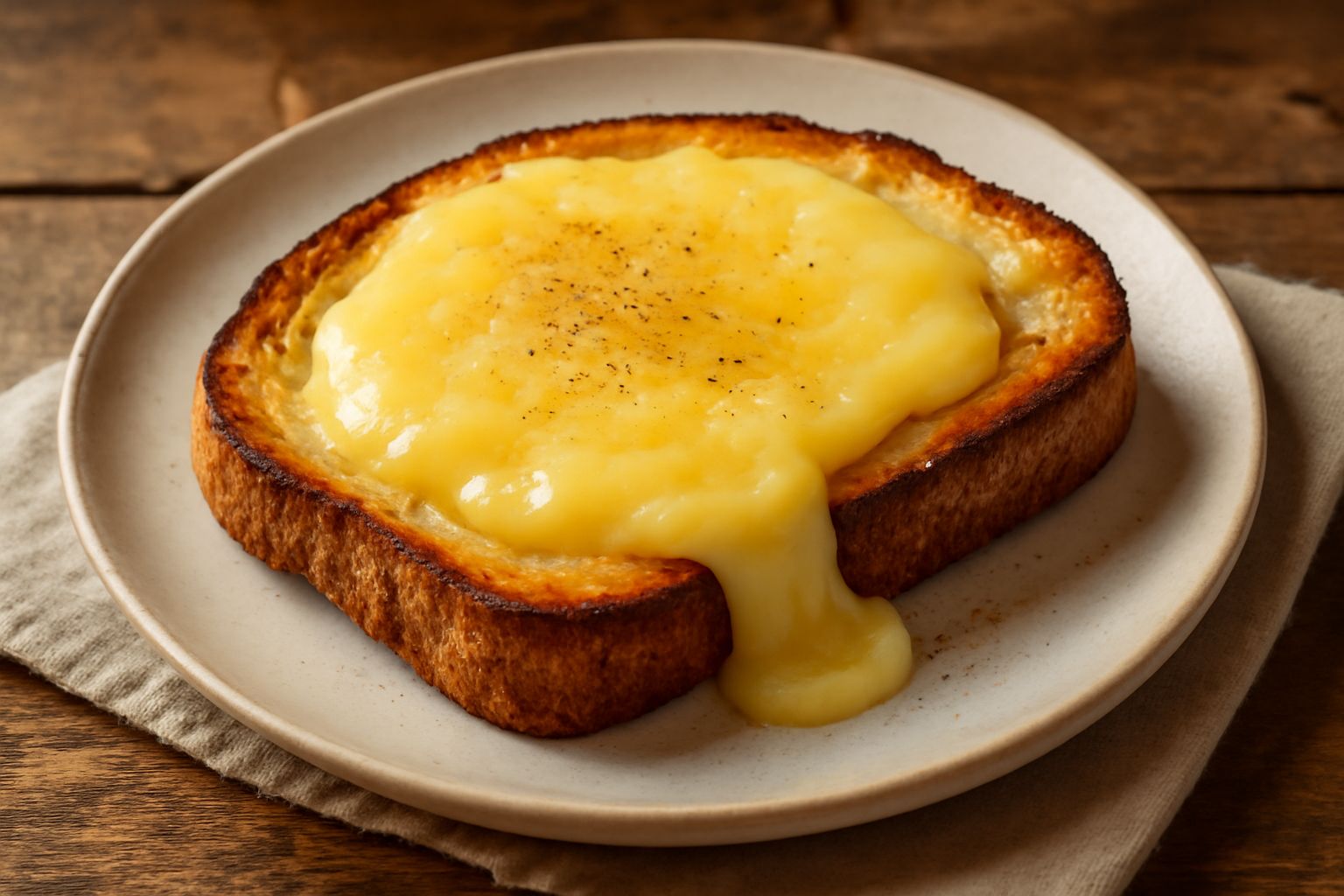 Fetta di pane tostato con crosta dorata su piatto bianco, formaggio di fossa sciolto e filante al centro, guarnito con pepe nero macinato fresco
