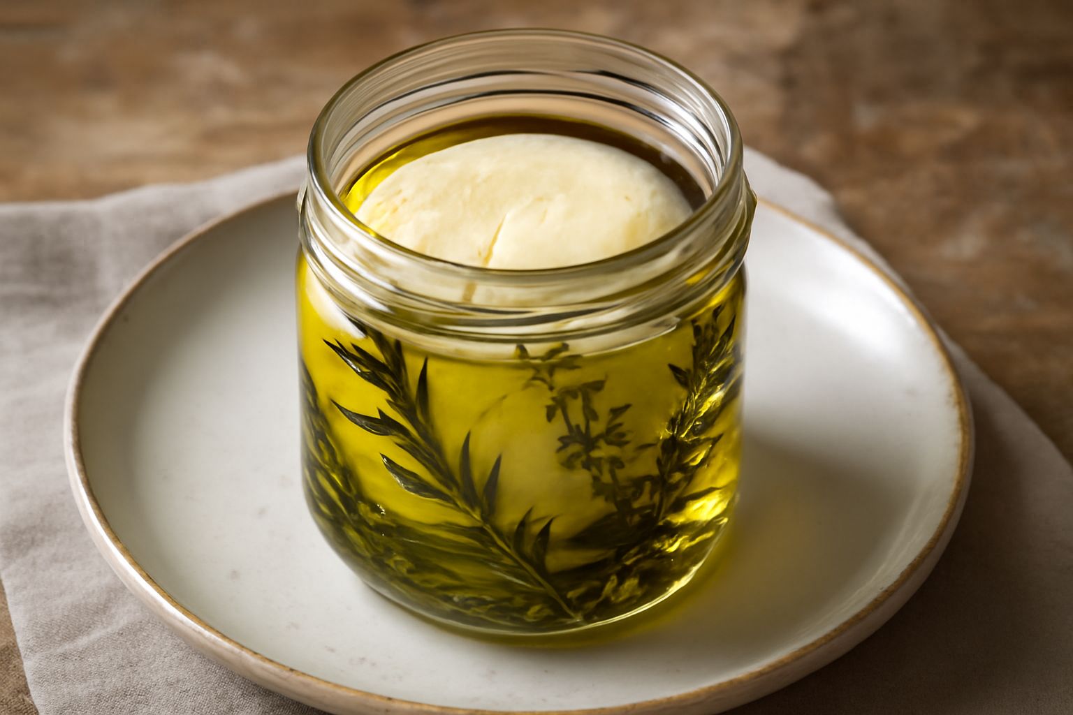 Barattolo di vetro con formaggio di fossa bianco e cremoso immerso in olio trasparente, erbe aromatiche verdi sparse sulla superficie, luce naturale che illumina il contenitore