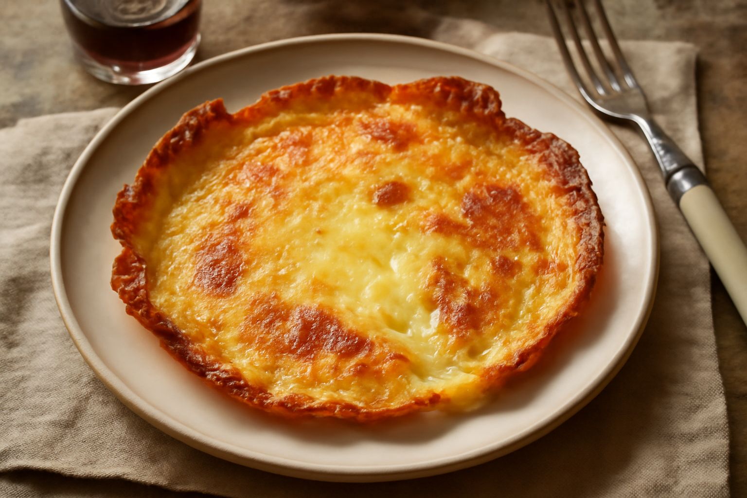 Disco di formaggio dorato e croccante, leggermente ondulato, appena sfornato da una padella antiaderente, con i bordi caramellati e il centro ancora filante, servito su un piatto bianco
