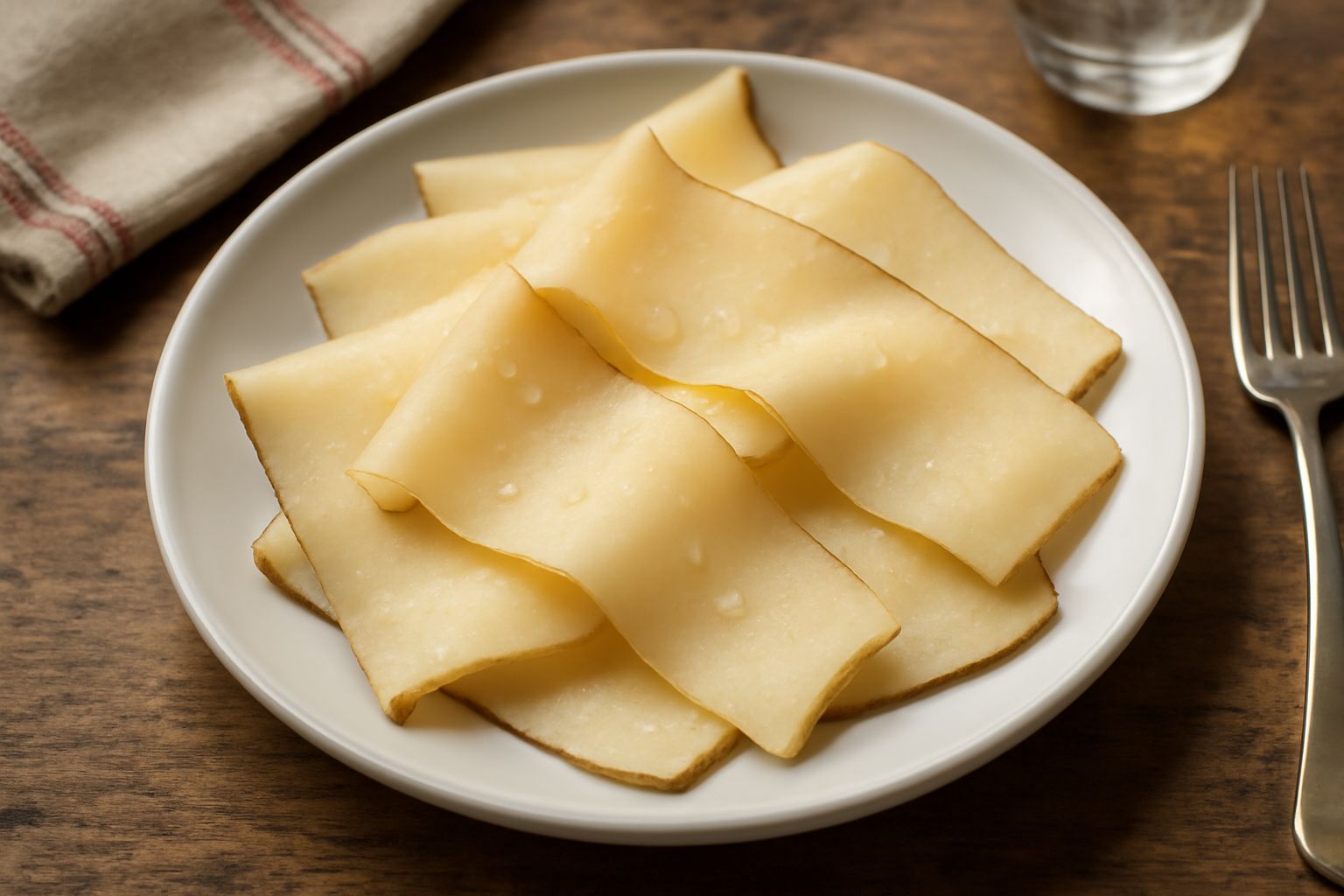 Fette sottili di formaggio bianco e paglierino di montagna adagiate su un piatto bianco, con gocce di olio extravergine, grani di sale marino, pane tostato e una fogliolina di menta fresca ai lati