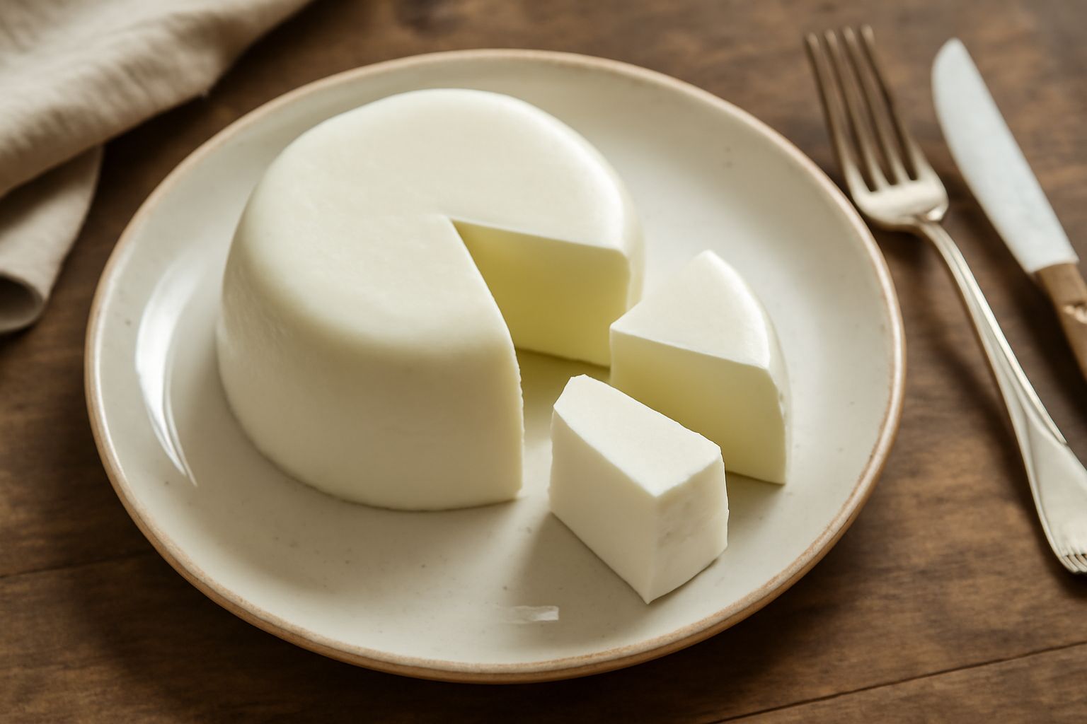 Formaggio di pecora fresco bianco panna servito su piatto bianco, con fette di pane tostato croccante e pomodori ciliegia rossi tagliate a metà sparse intorno