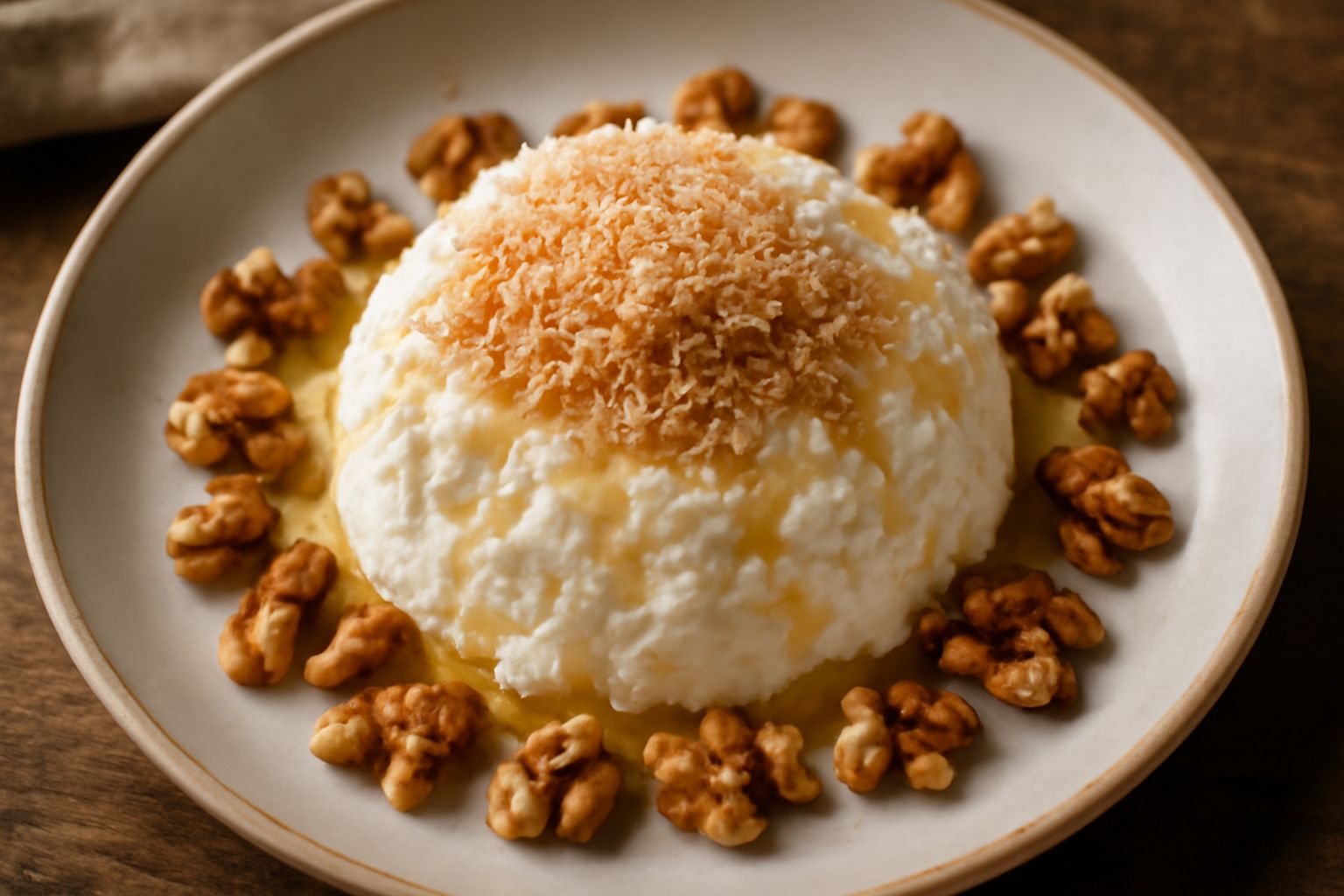 Piatto bianco con cumulo di ricotta cremosa al centro, completato da granuli di pecorino scuro, noci spezzate intorno e un rivolo di miele dorato che scende da sopra. Contorno di pane tostato croccant
