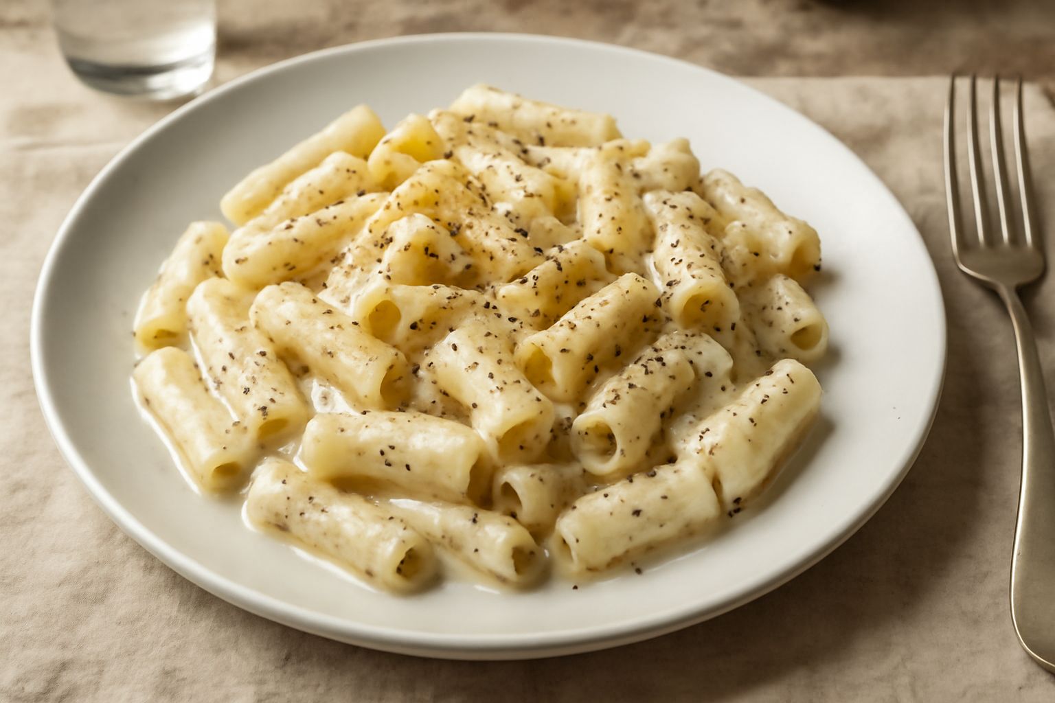 Piatto bianco con pasta rigatoni rivestita di una crema di formaggio bianca e cremosa, cosparsa di pepe nero macinato grosso, guarnito con pepe cracked in primo piano