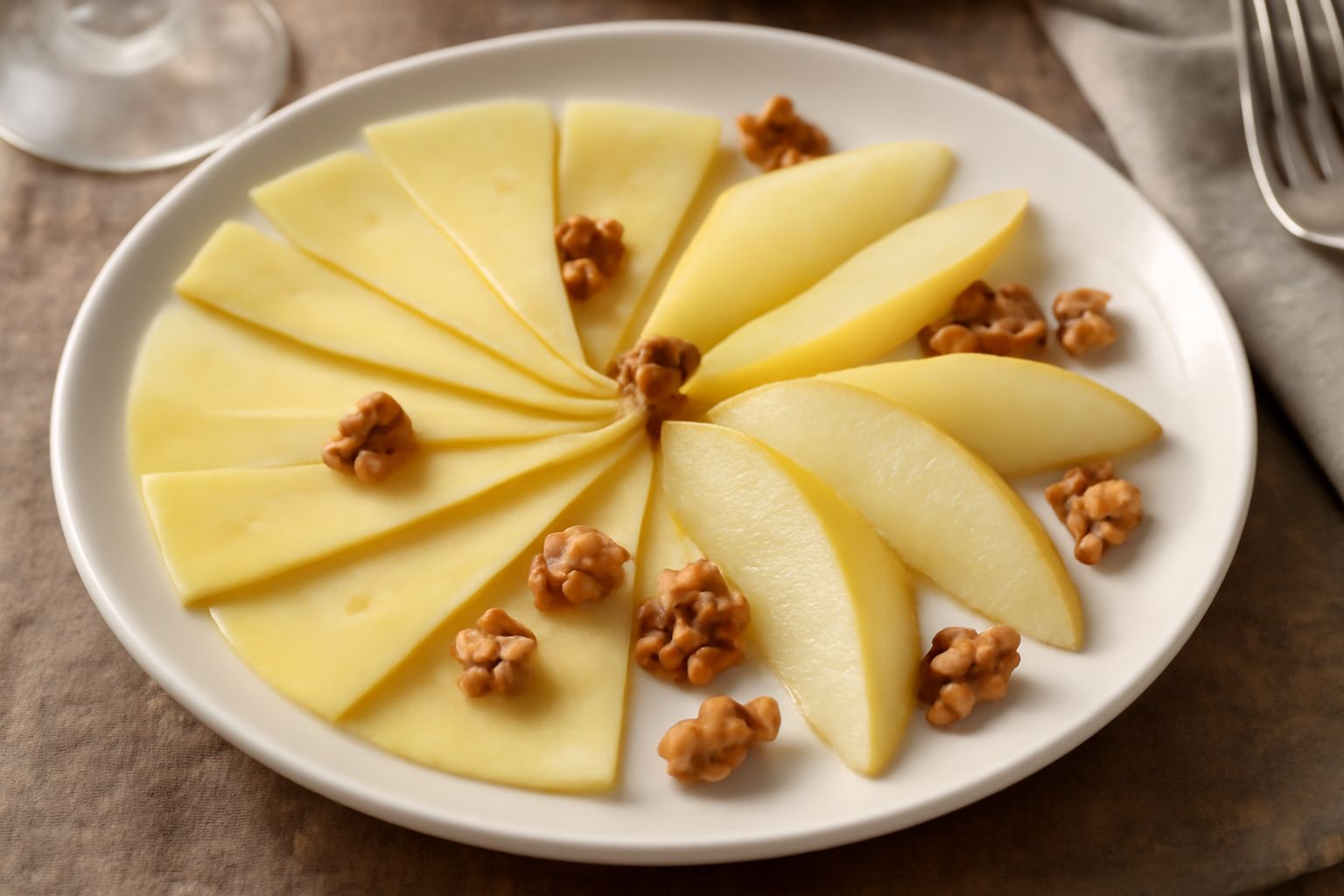 Piatto bianco con fette di formaggio giallo paglierino e spicchi di pera gialla disposti a raggiera, guarnito con noci tostate e un filo di miele, su sfondo neutro