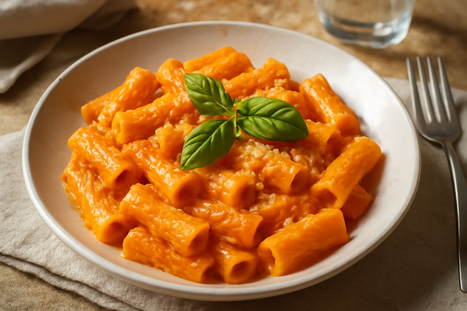 Piatto di pasta rigatoni con salsa cremosa rosso-arancio, crema di ricotta integrata nel sugo di pomodoro, basilico fresco verde su un piatto bianco, grattugia di parmigiano leggera sulla sommità