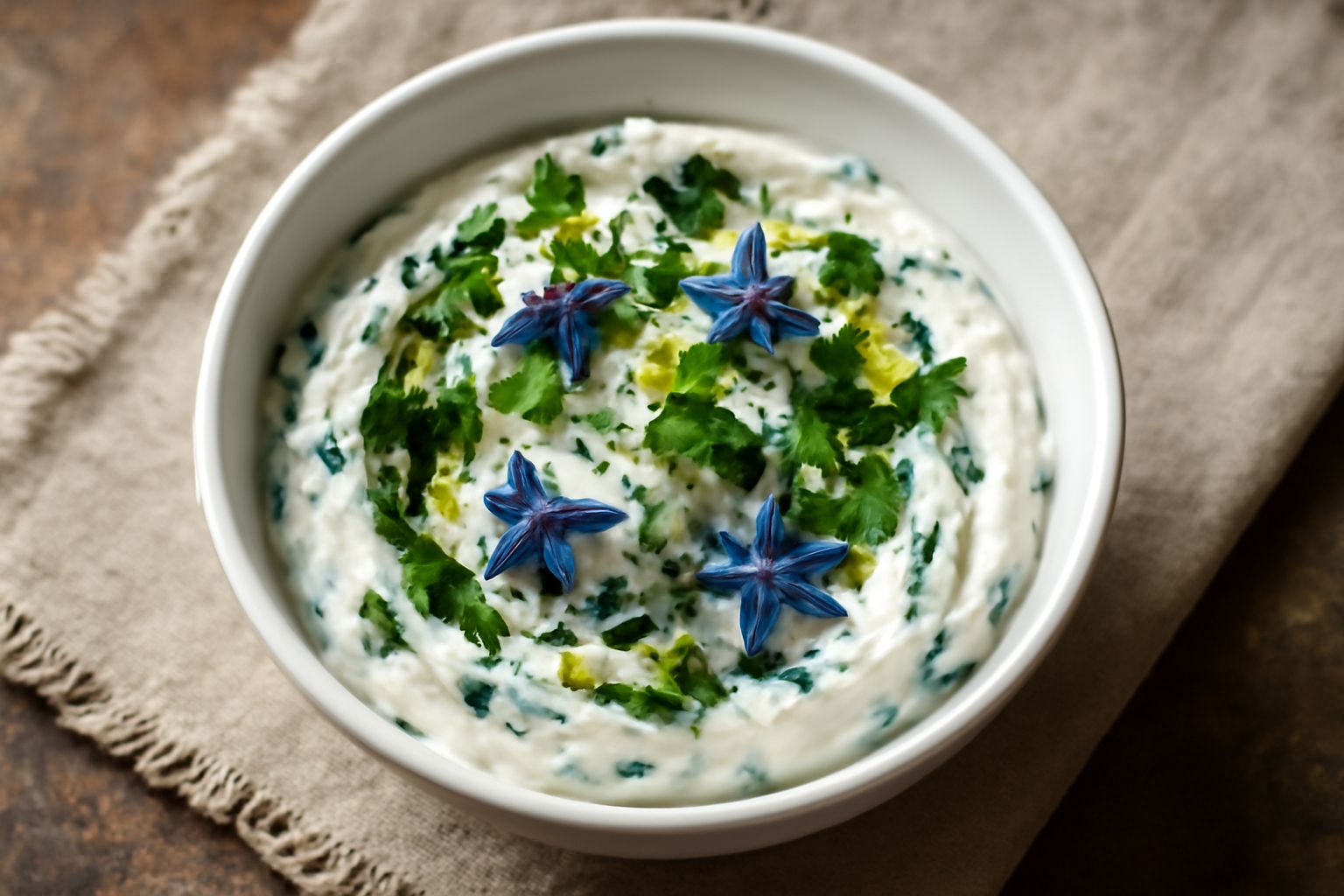 Ciotola bianca con formaggio fresco cremoso bianco costellato di erbe verdi tritate, borragine azzurra, erba cipollina e prezzemolo, servito con pane tostato e limone fresco nel piatto