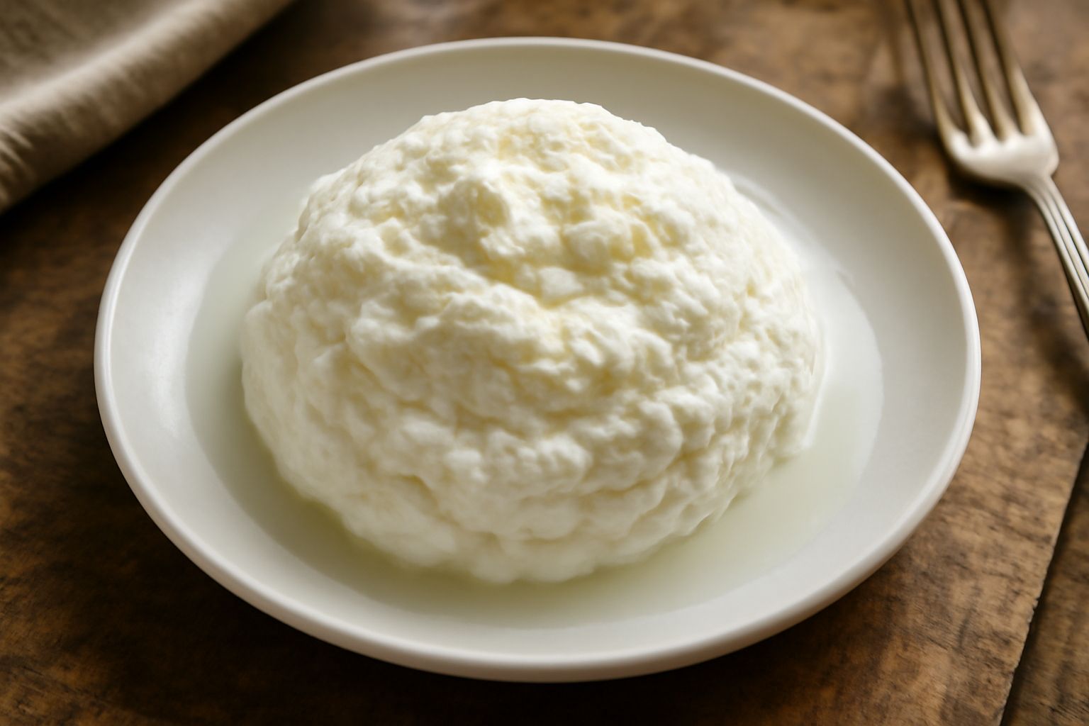 Formaggio fresco bianco cremoso servito in una ciotola di ceramica con un cucchiaio di legno, contorno di pane tostato e miele liquido versato sopra