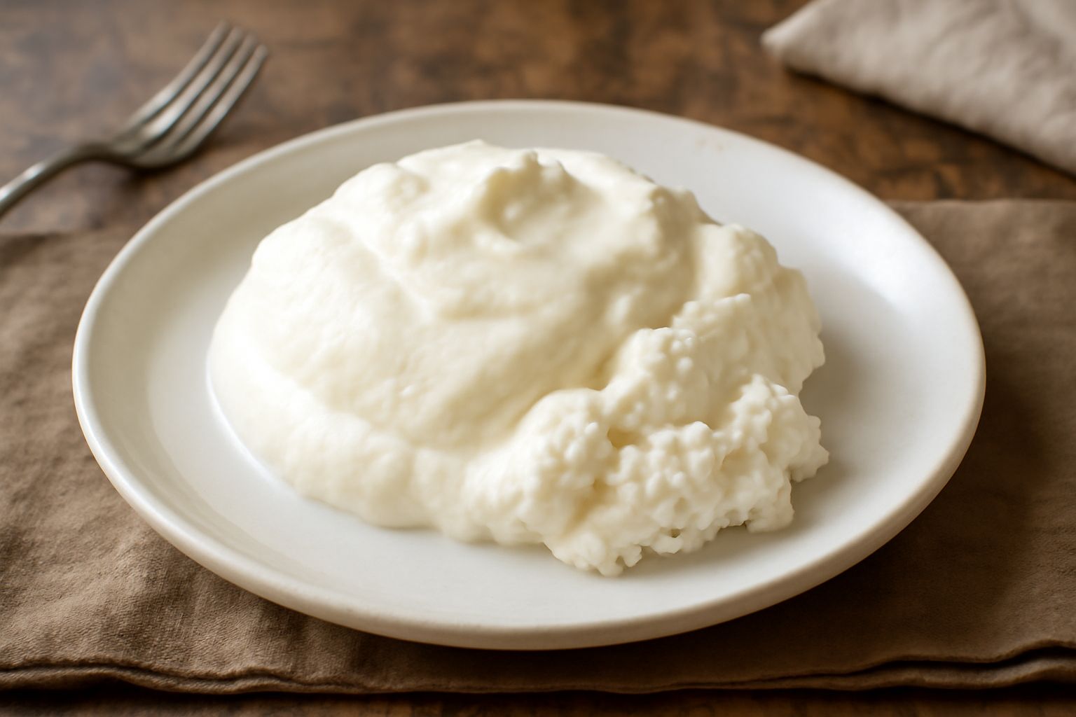 Formaggio fresco bianco cremoso porzionato in un piattino bianco, condito con olio d'oliva verde, pepe nero e qualche foglia di prezzemolo fresco, accompagnato da fette di pane tostato su sfondo di ma