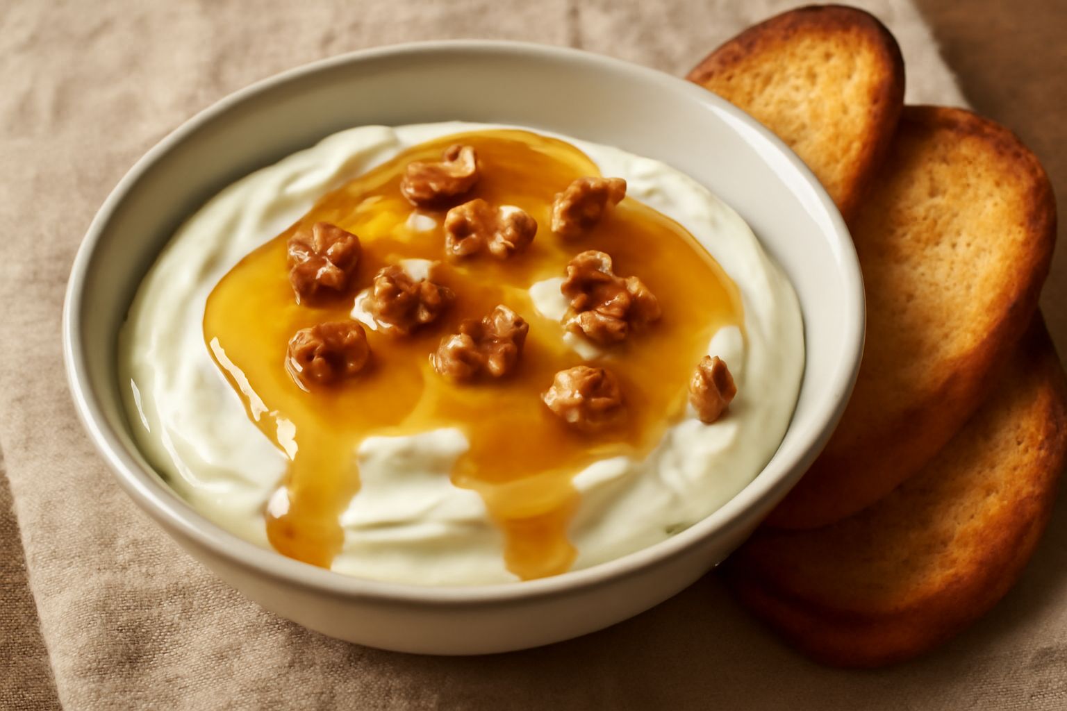 Ciotola bianca con ricotta o cream cheese cremoso, coperto da miele ambrato che scende sui lati, sparso di noci rotte, accompagnato da fette di pane tostato su piatto bianco opaco