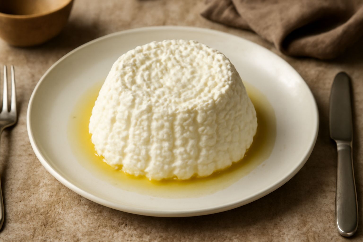 Ricotta fresca bianca e cremosa in una ciotola di ceramica, con accanto un cucchiaio di legno e una bottiglia d'aceto, su un tavolo di legno chiaro