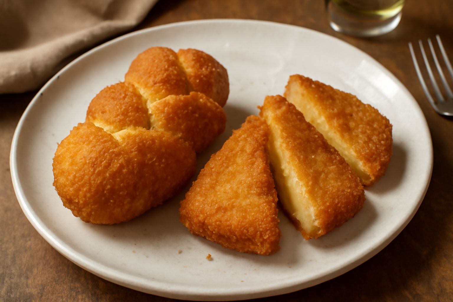 Tre porzioni di formaggio fritto dorate e croccanti disposte su piatto bianco, al centro una salsa rossa, vapore ancora visibile in superficie